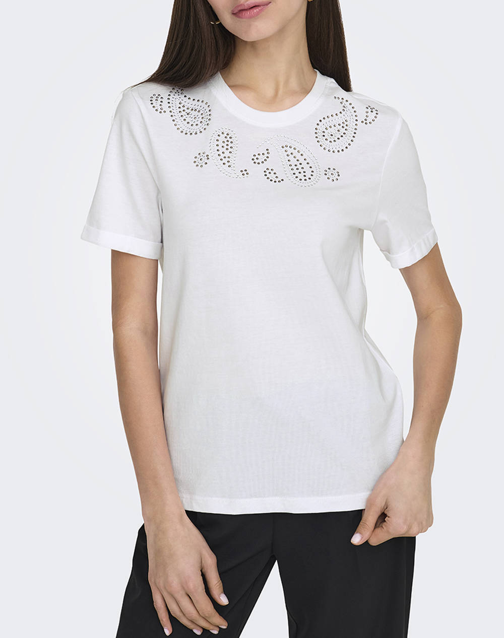 ONLY ONLHOLLIS LIFE S/S O-NECK TOP BOX JRS 15343560-Bright WhitePaisleystuds White