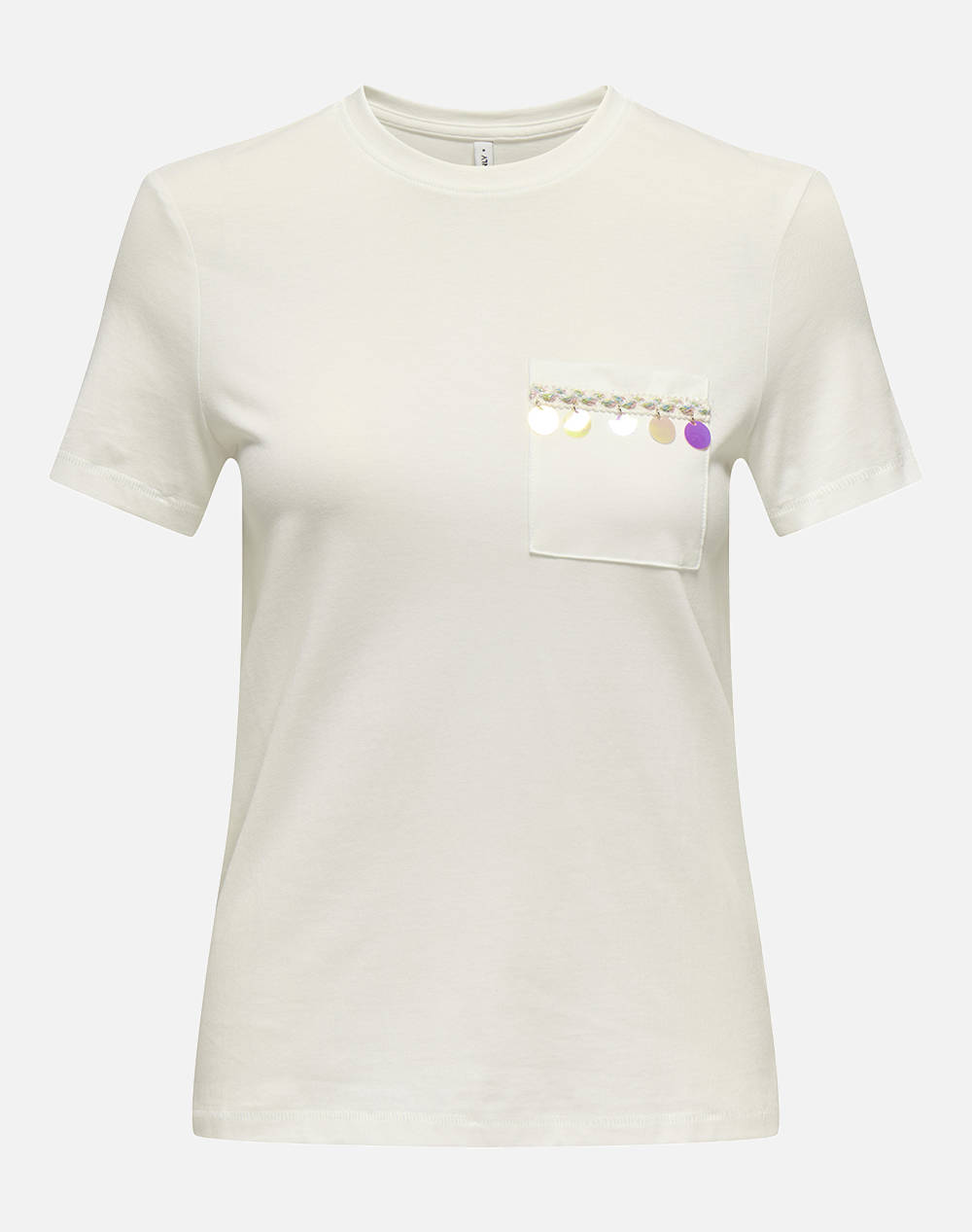 ONLY ONLFILIPPA LIFE S/S O-NECK TOP JRS 15346574-Cloud DancerIridescenttapeiridescentsequins Ecru