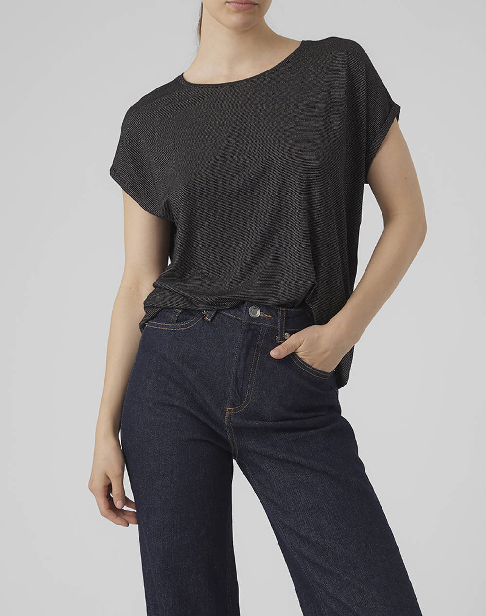 VERO MODA VMLAVA GLITTER SS TOP STRIPE GA JRS NOOS 10250488-BlackGOLDLUREX Black