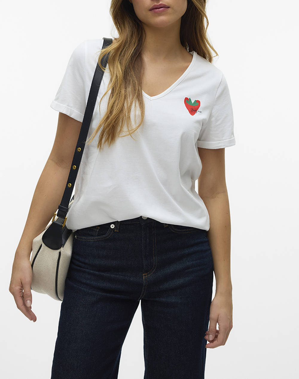 VERO MODA VERO MODA VMBITONA S/S V-NECK T-SHIRT JRS BTQ GA 10329476-Snow WhiteSTRAWBERRYPRINT White