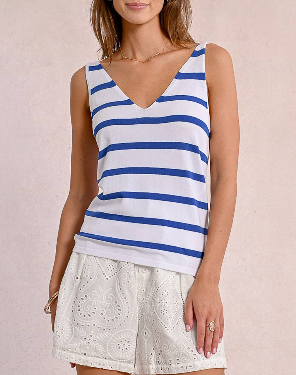 MOLLY BRACKEN MOLLY BRACKENLADIES KNITTED TANK TOP E1657DP-WHITE/BLUE Multi