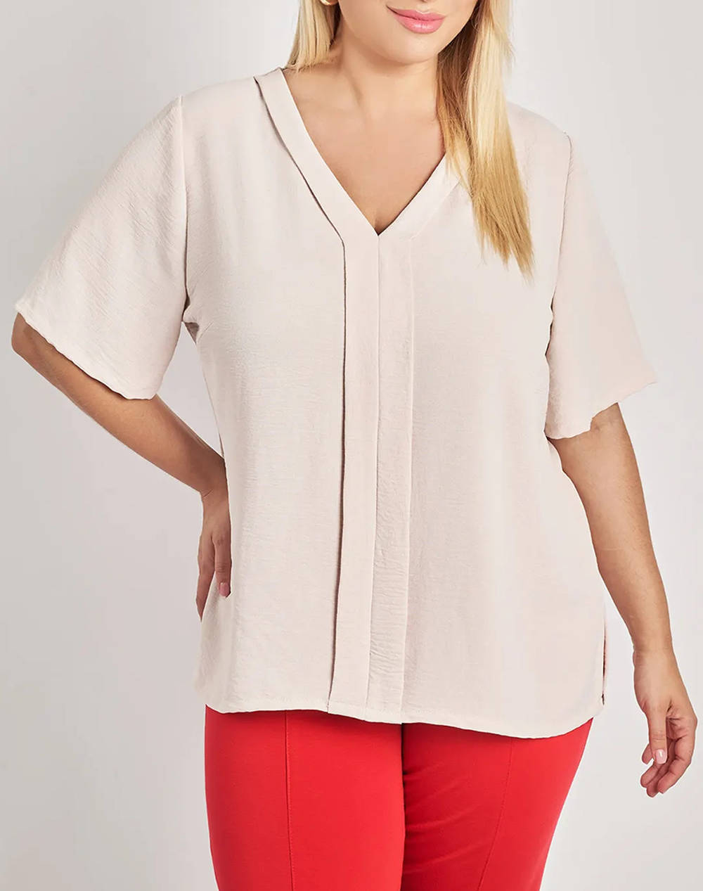 PARABITA PARABITA Μπλούζα washed με V και πιέτα μπροστά 012510107669-007 Biege