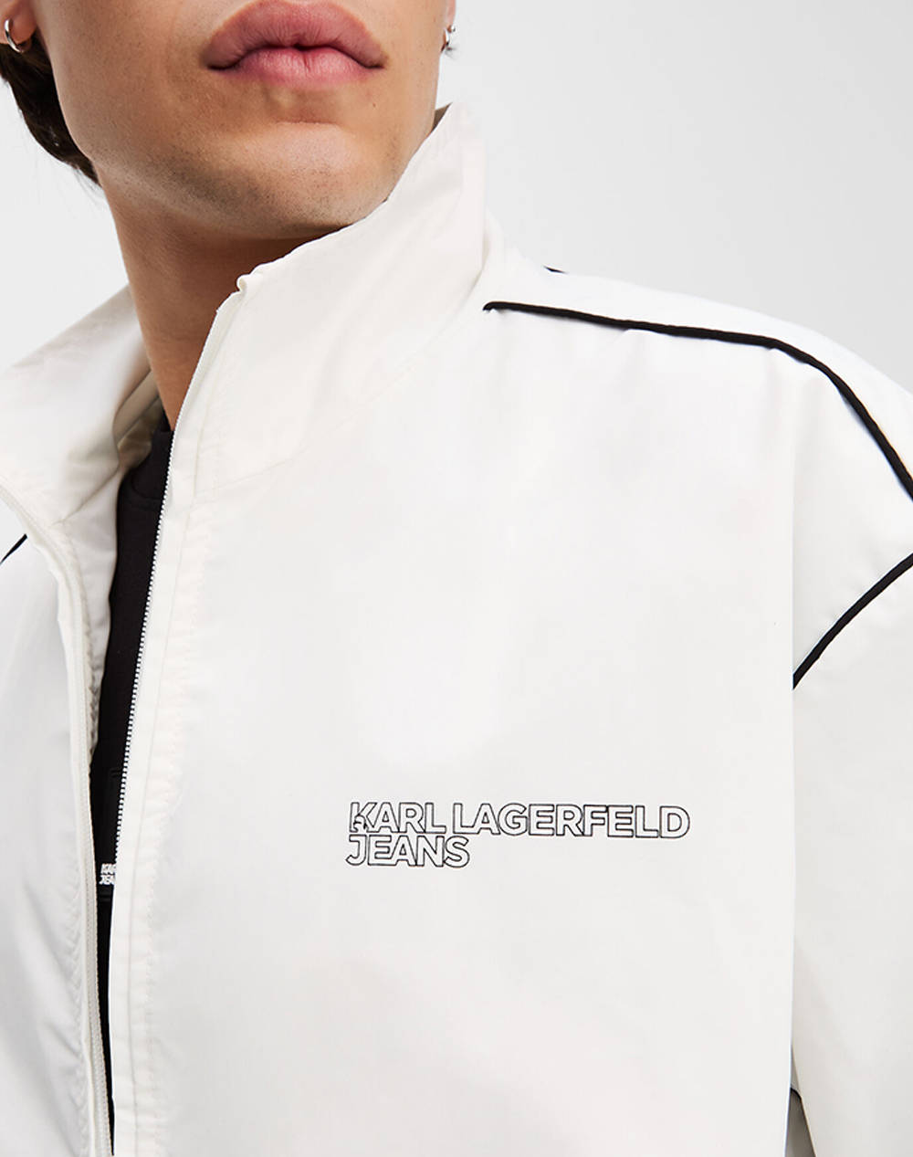 Karl Lagerfeld Jeans Klj Zip Up Piping Jacket A2M15014-100 White ανδρικά ρούχα Πανωφορια μπουφάν Politikos Shop Πολιτικός