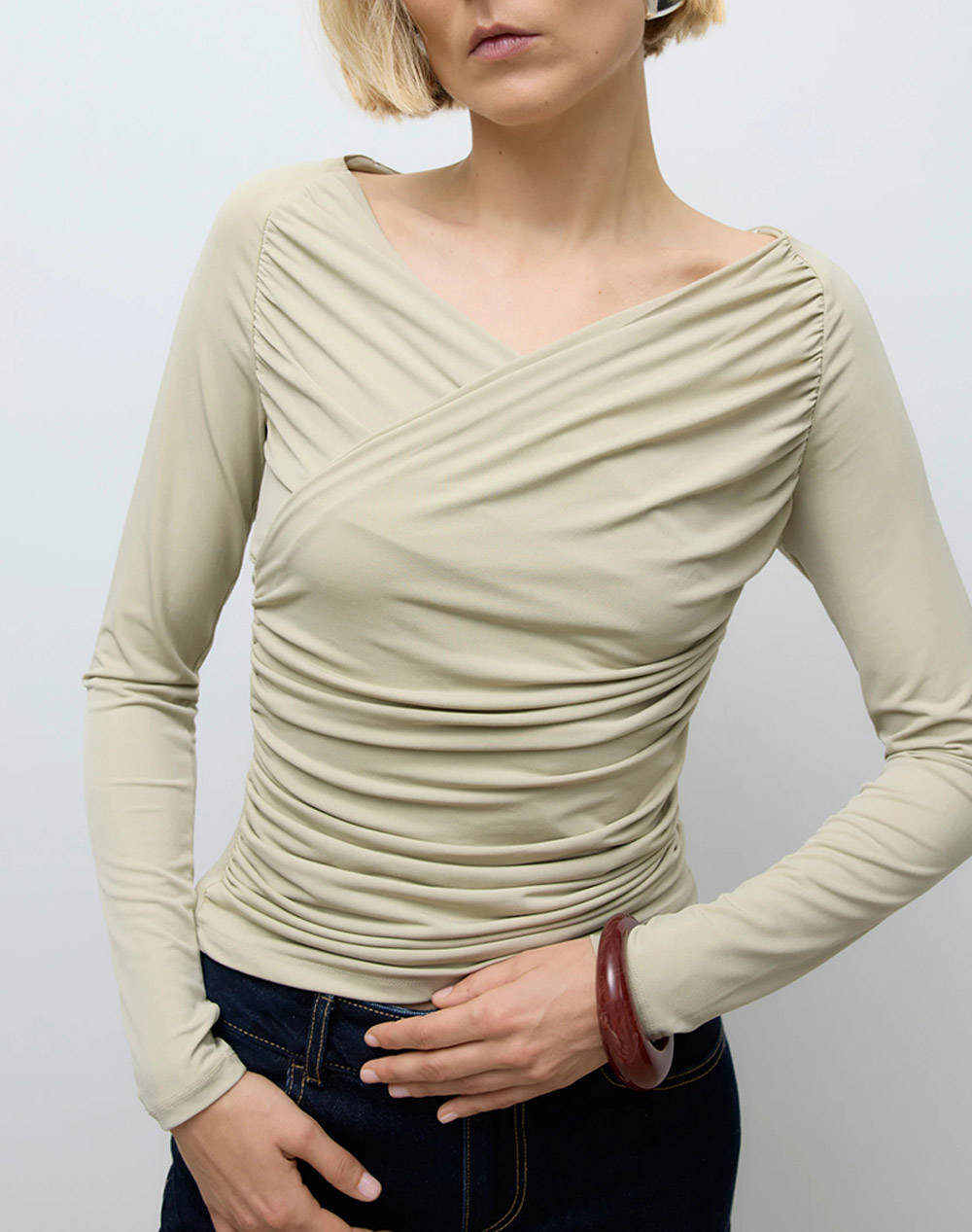 AWARE BY VERO MODA AWARE BY VERO MODA AWSOPHIA LS V-NECK WRAP TOP 10331046-Moss Gray Biege