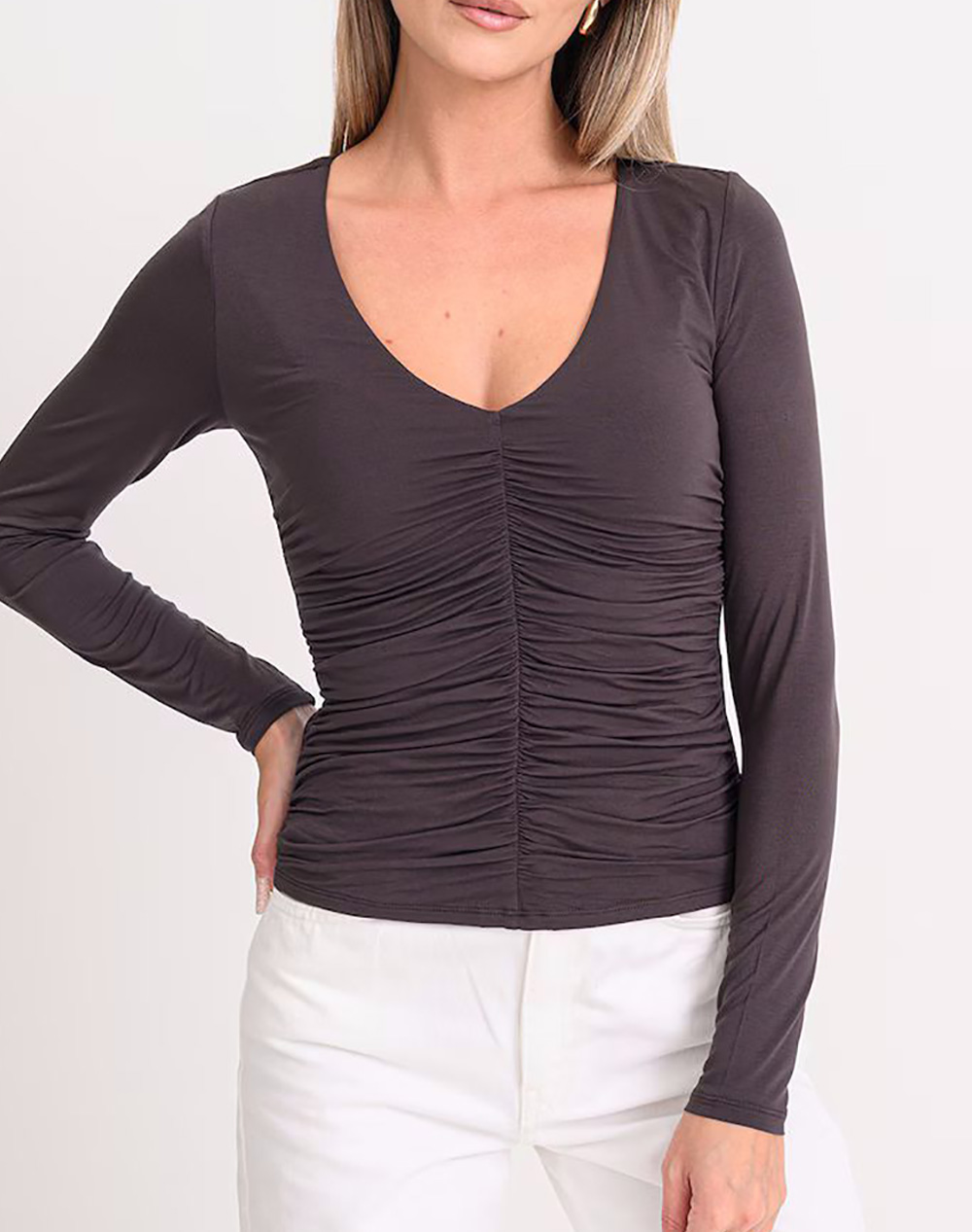 GUESS LS V-NECK AYLEEN TOP ΜΠΛΟΥΖΑ ΓΥΝΑΙΚΕΙΟ W5BP39KACM2-G1H3 DarkBrown