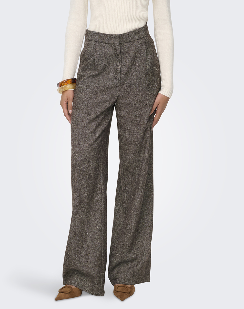 ONLY ONLBEKKA LIFE HW WIDE WOOL LOOK PANT TLR 15360269-MulchWHITEMELANGE SandyBrown