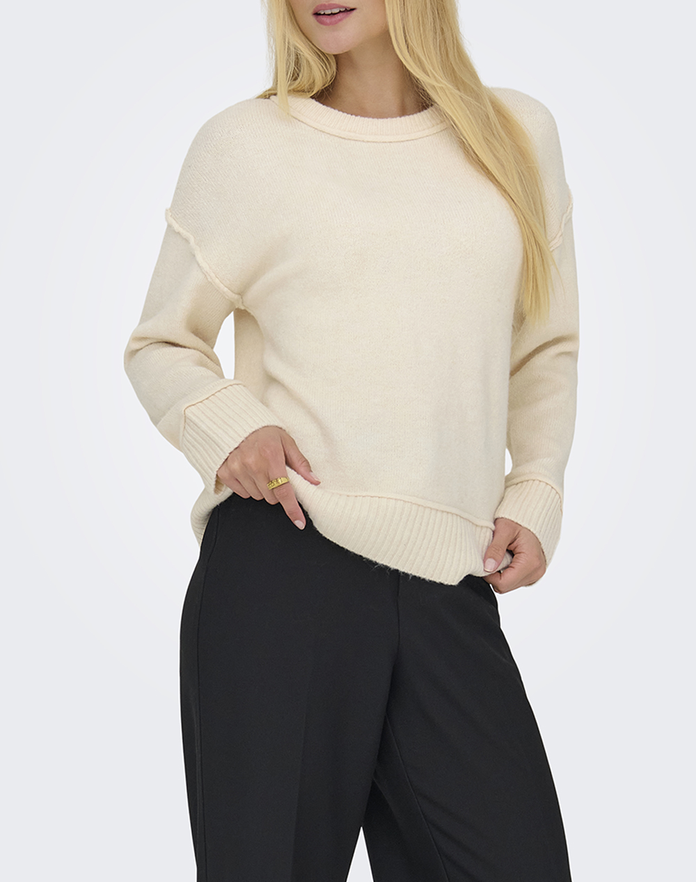 ONLY ONLHAZEL LIFE LS DETAIL O-NECK BF KNT 15358597-Whitecap GrayMelange Biege