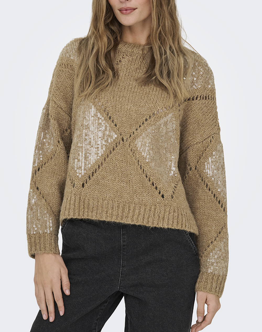 ONLY ONLKANSAS LIFE LS SEQUINS O-NECK KNT 15358402-TanninMelangeClearSequin Brown