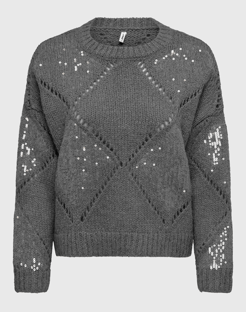 ONLY ONLKANSAS LIFE LS SEQUINS O-NECK KNT 15358402-Medium Grey MelangeClearSequin Gray