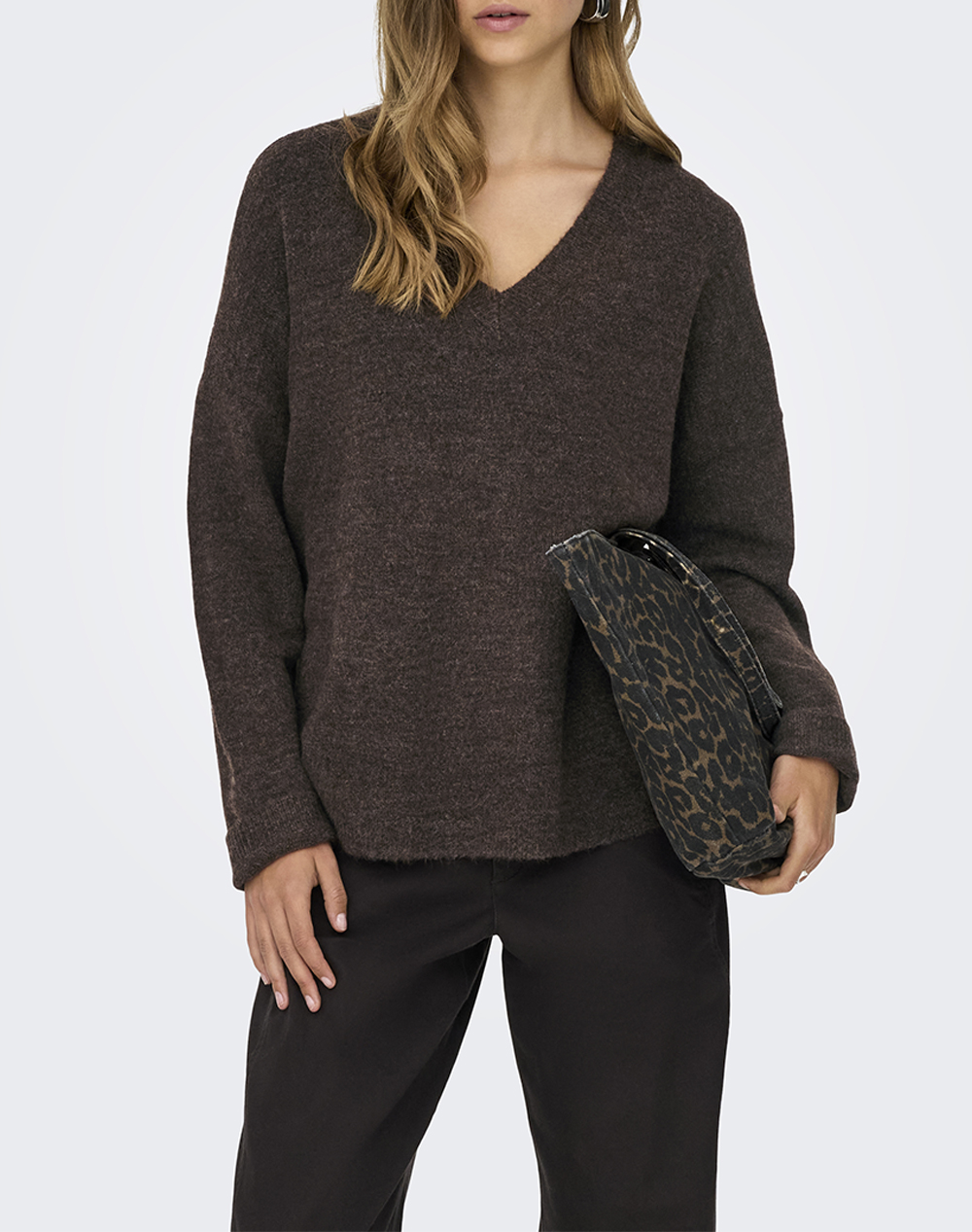 ONLY ONLTALIO LS LONG V-NECK BF KNT 15359335-Chocolate MartiniMelange Chocolate