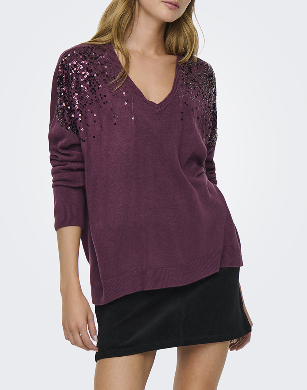 ONLY ONLSTARRY LS SEQUIN BOXY V-NECK KNT 15359241-Mauve WineMauveWineSequins DarkPurple