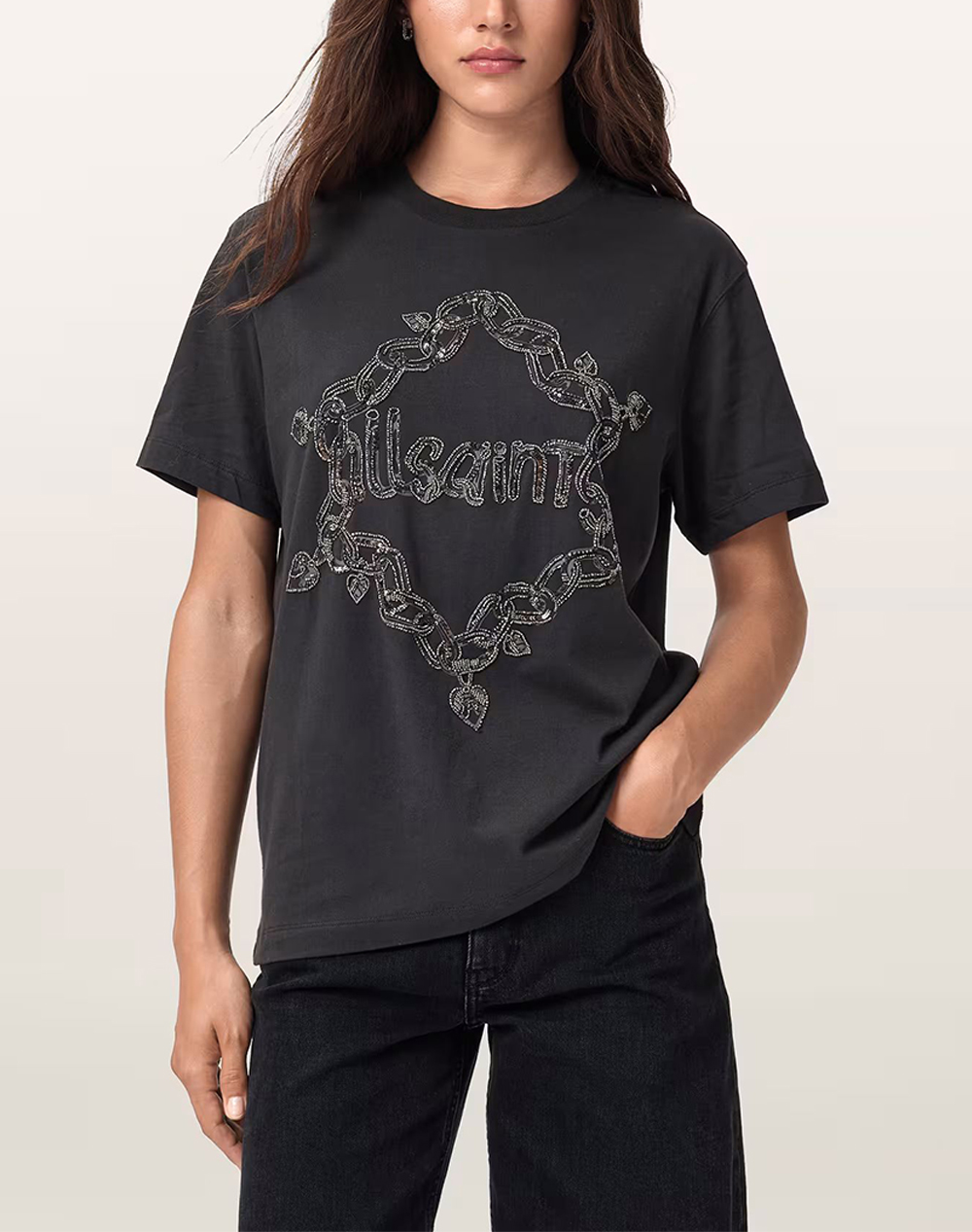 ALL SAINTS ALL SAINTS DRIP EMB BF TEE W061JD-WASHED BLACK DarkSlateGrey