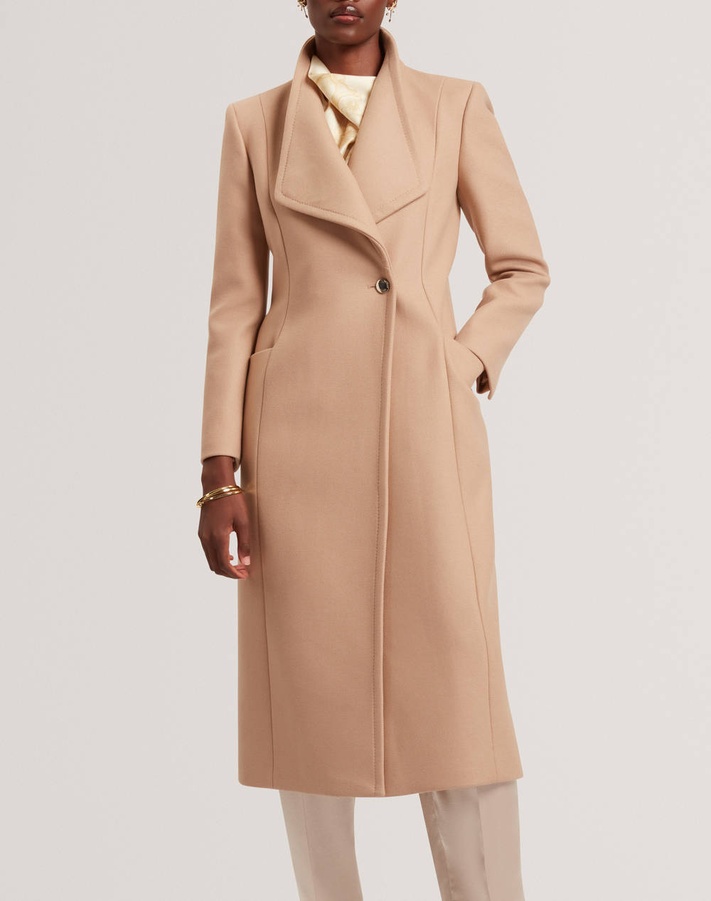 TED BAKER TED BAKER MINDEE Double Faced Wool Long Sculpted Wrap Coat 281057-CAMEL Camel