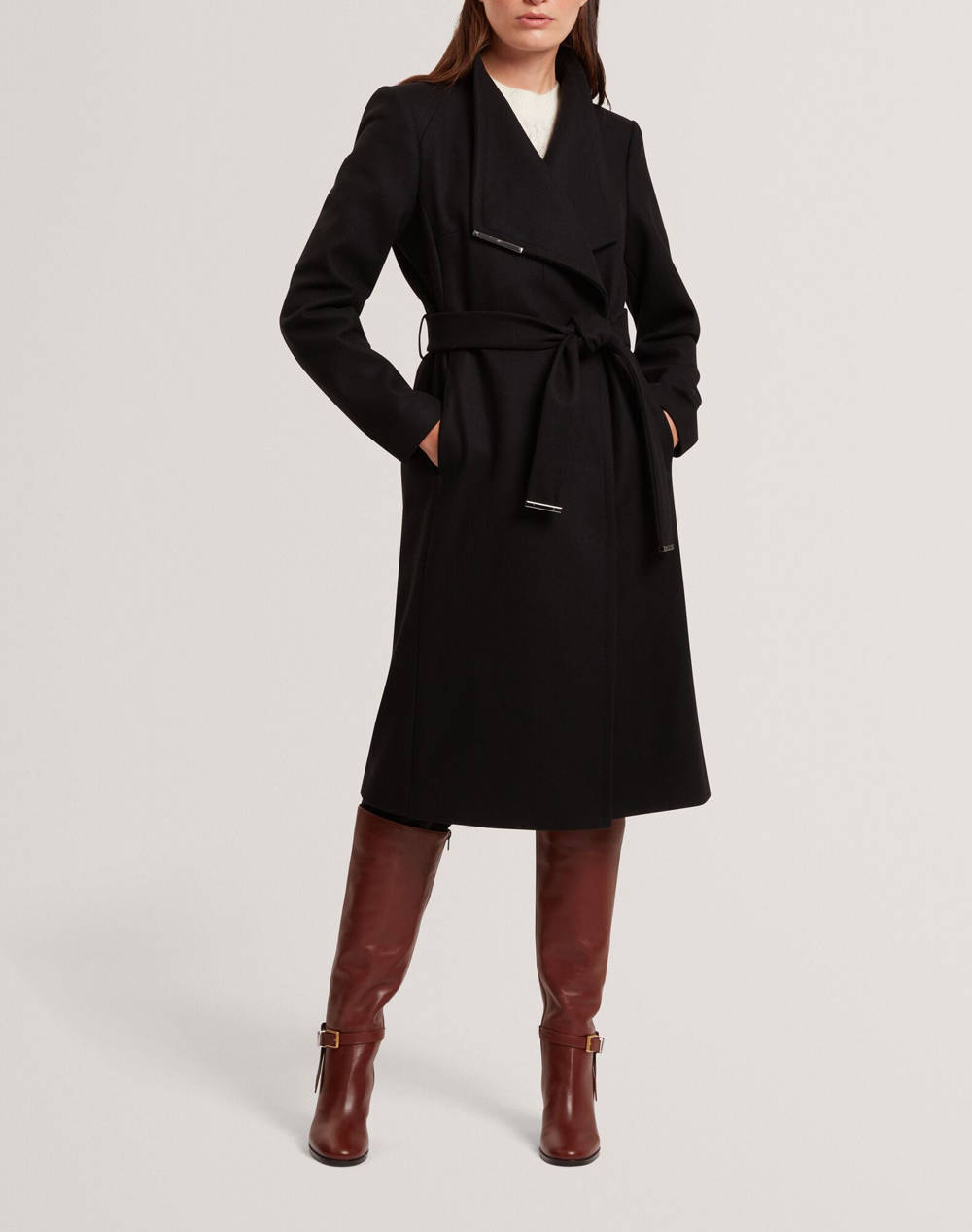 TED BAKER TED BAKER ROSE Mid Length Belted Wool Wrap Coat 282071-BLACK Black