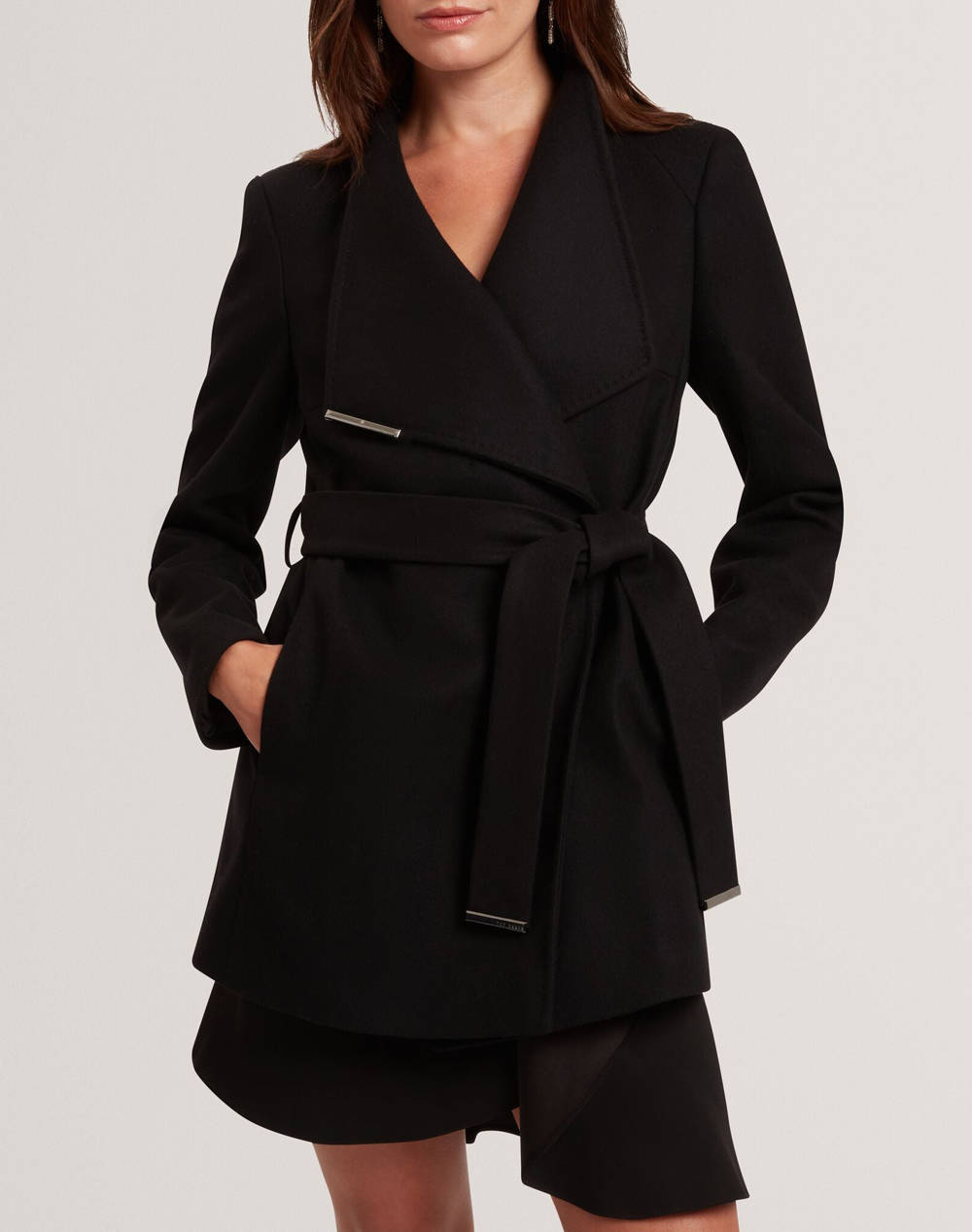 TED BAKER TED BAKER ROSESS Short Belted Wool Wrap Coat 282067-BLACK Black