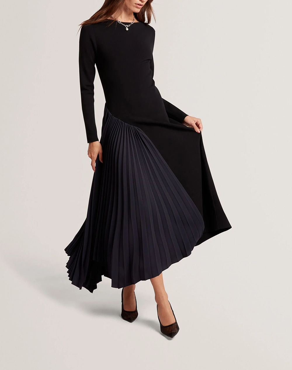 TED BAKER TED BAKER BELVIEE Long Sleeve Knit Midi Dress with Pleat P 281871-NAVY NavyBlue