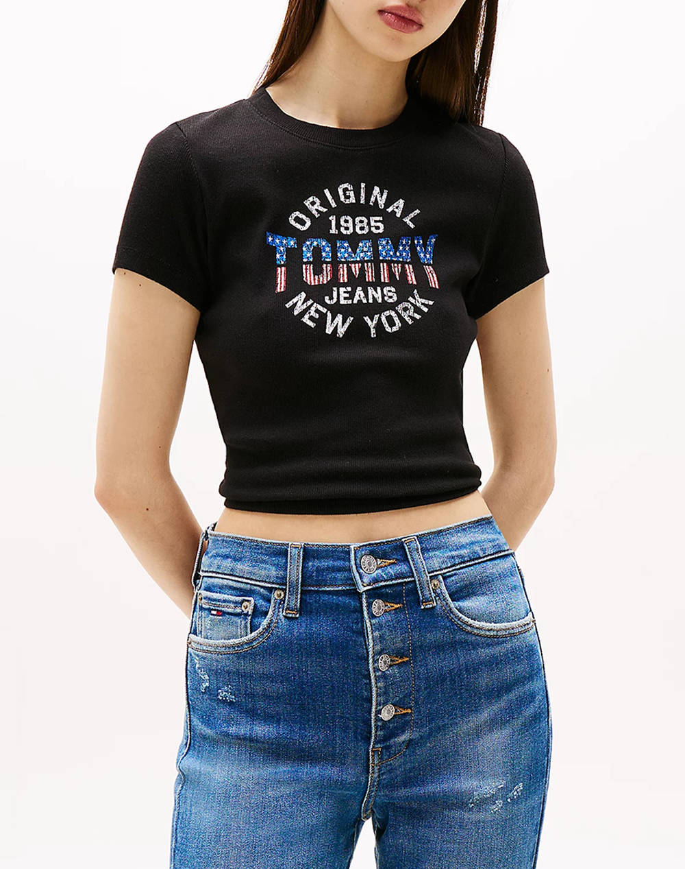 TOMMY JEANS TJW SLIM SH TOMMY NY RIB TEE DW0DW21421-BDS Black