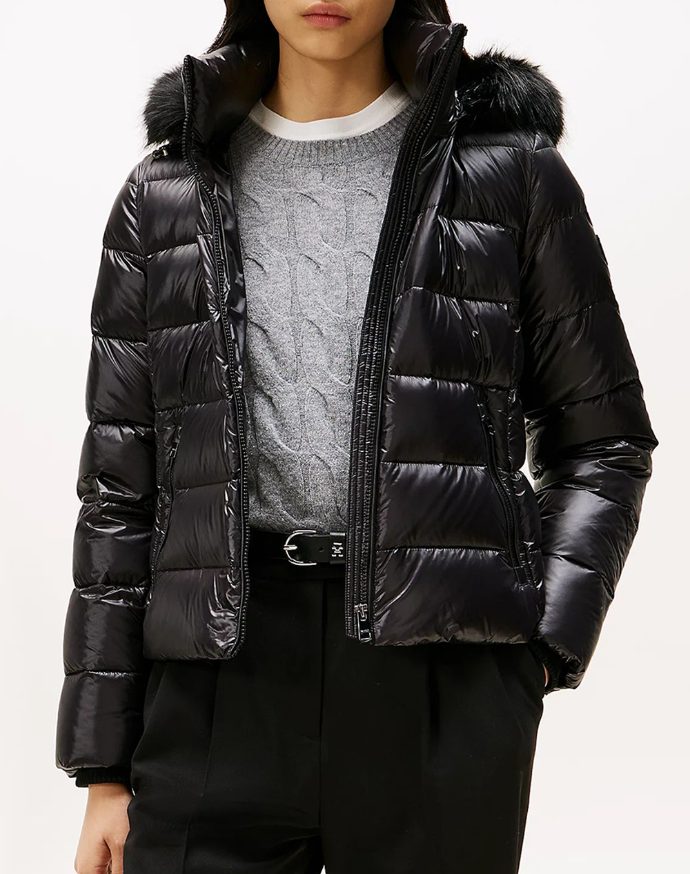 TOMMY HILFIGER GLOSS HW DOWN SLIM JACKET W FUR WW0WW47354-BDS Black