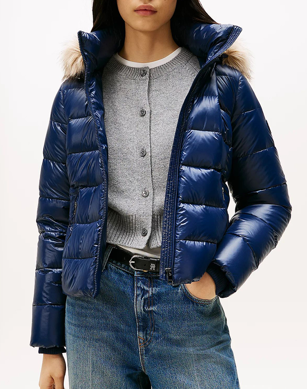 TOMMY HILFIGER GLOSS HW DOWN SLIM JACKET W FUR WW0WW47354-C1G NavyBlue