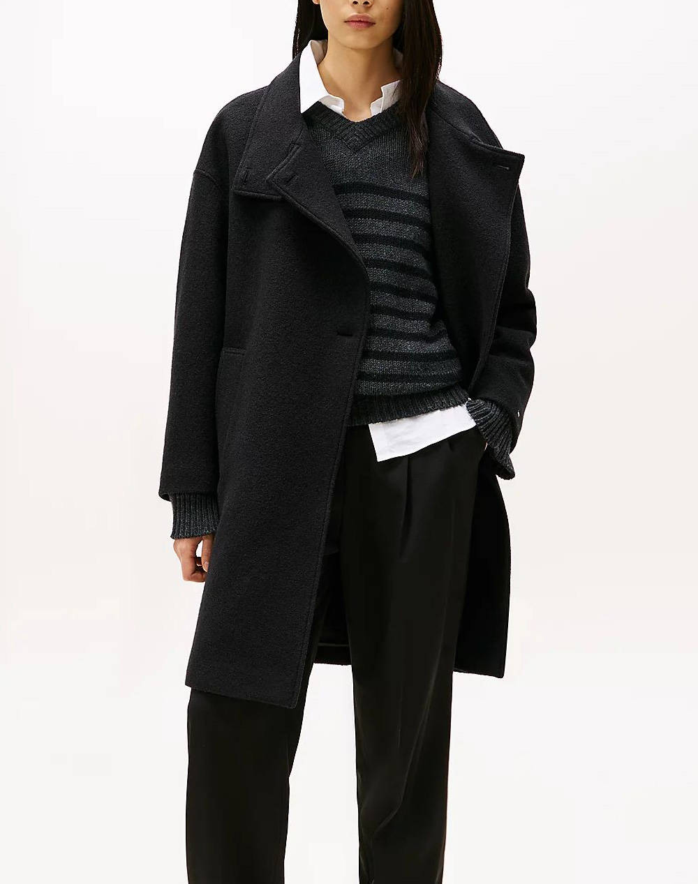 TOMMY HILFIGER TOMMY HILFIGER WOOL TEXTURE REG FUNNEL NK COAT WW0WW47372-BDS Black