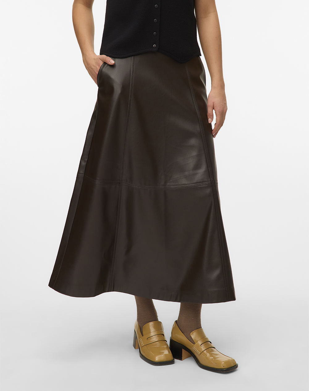 VERO MODA VMOLIVE HW COATED ANKLE SKIRT PRM 10335436-Chocolate Torte DarkBrown