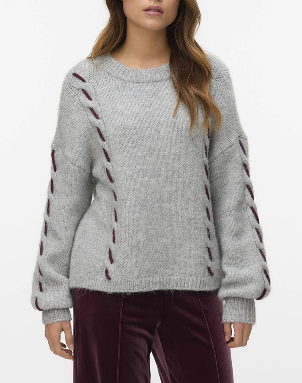 VERO MODA VMILINA LS O-NECK HANDSTITCH PULLOVER 10334866-Light Grey MelangeW.WINETASTING LightGray