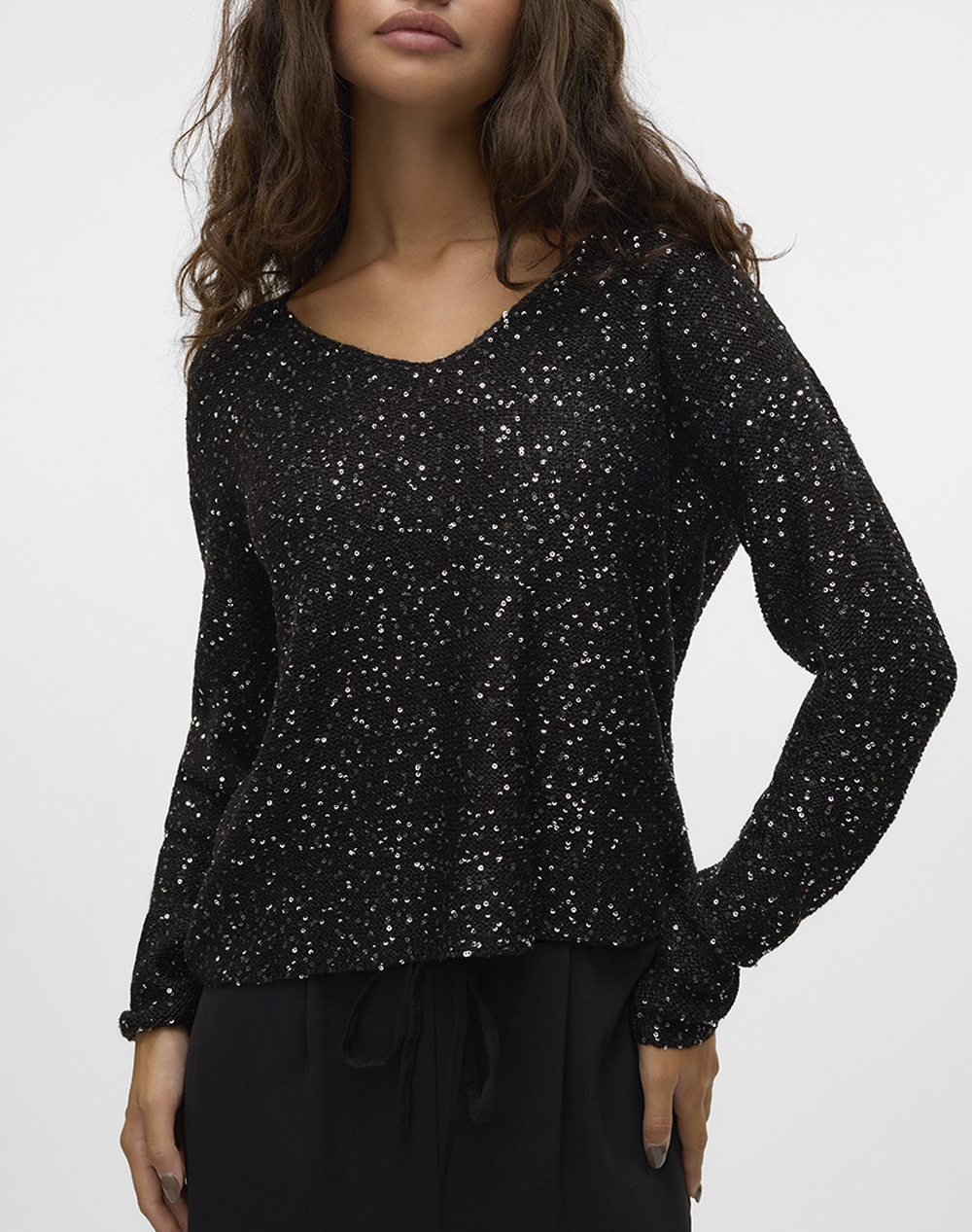 VERO MODA VMLEILANI NEW LS V-NECK PULLOVER REP 10318223-BlackW.SILVERSEQUINS JetBlack