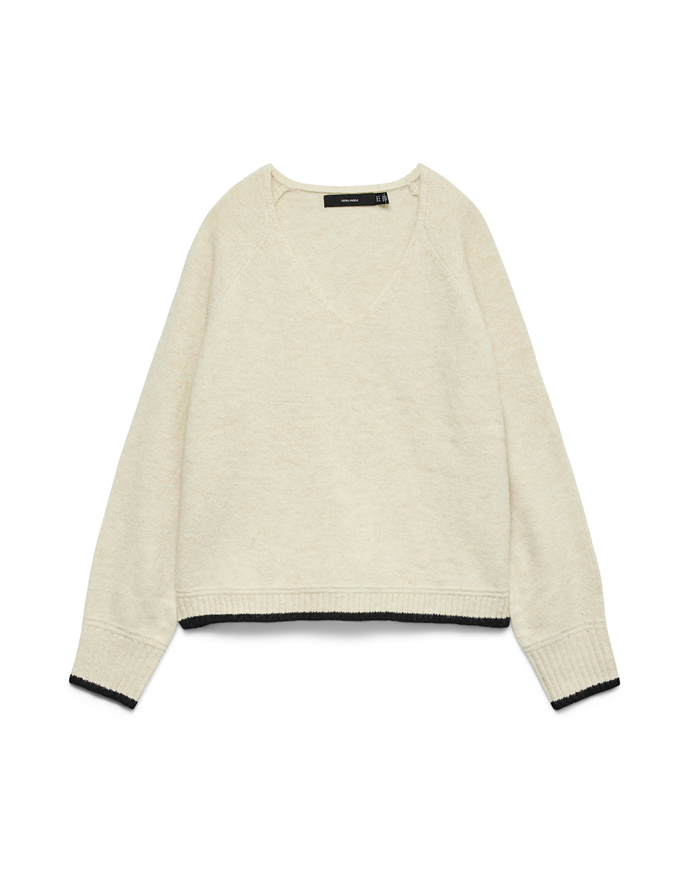 VERO MODA VMAQUARIUS LS V-NECK RAGLAN PULLOVER BF 10331898-BirchW.MELANGEBLACKCONTRASTEDGE Biege