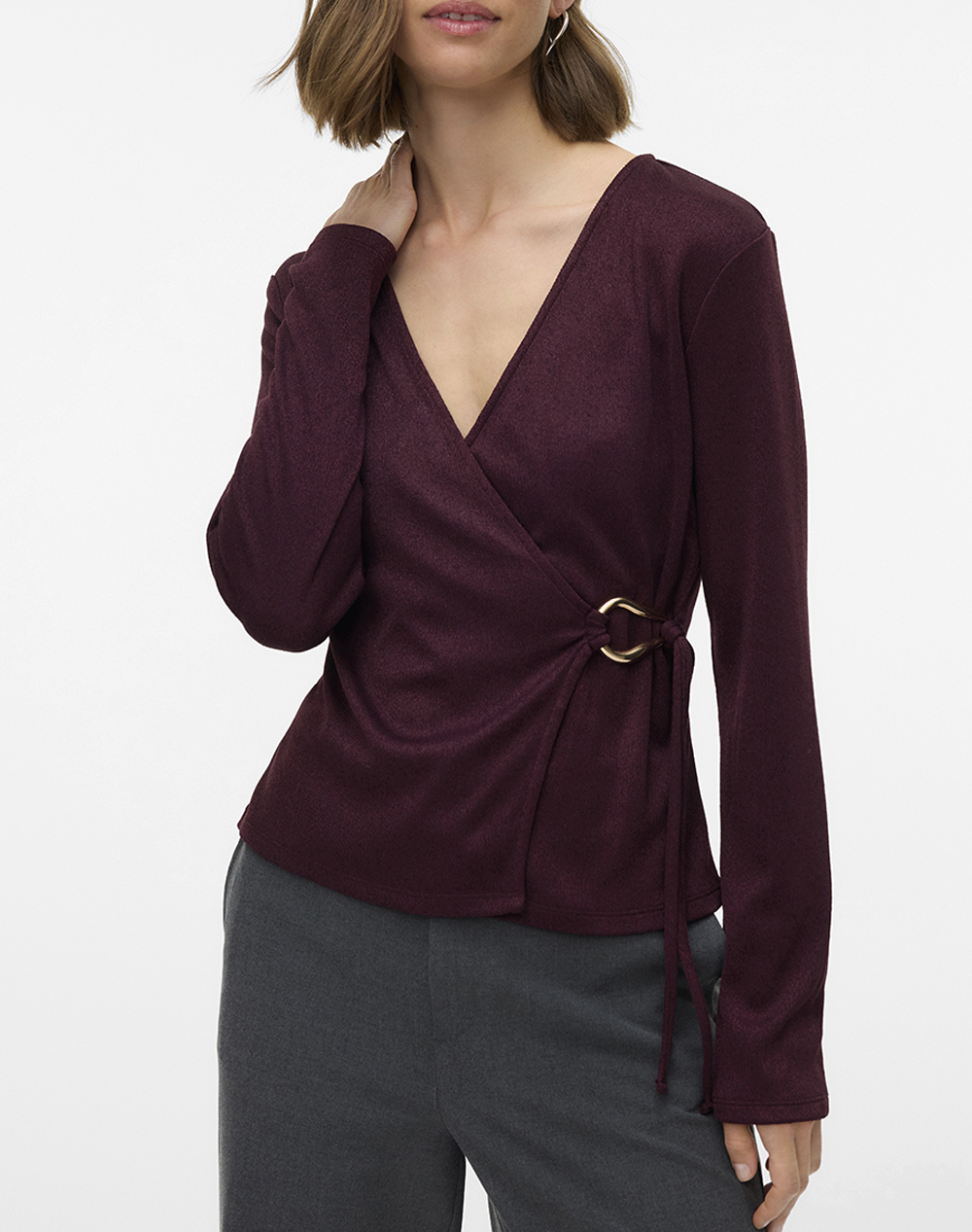 VERO MODA VMLOUISA LS V-NECK WRAP TOP JRS GA 10336209-Winetasting Bordeux