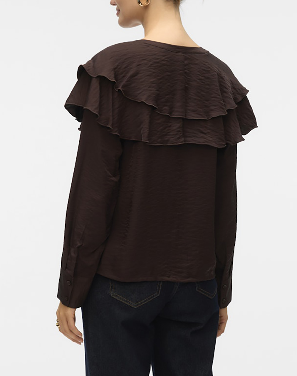 VERO MODA VMLIZZI LS FLOUNCE TOP WVN GA 10335464-Chocolate Torte DarkBrown