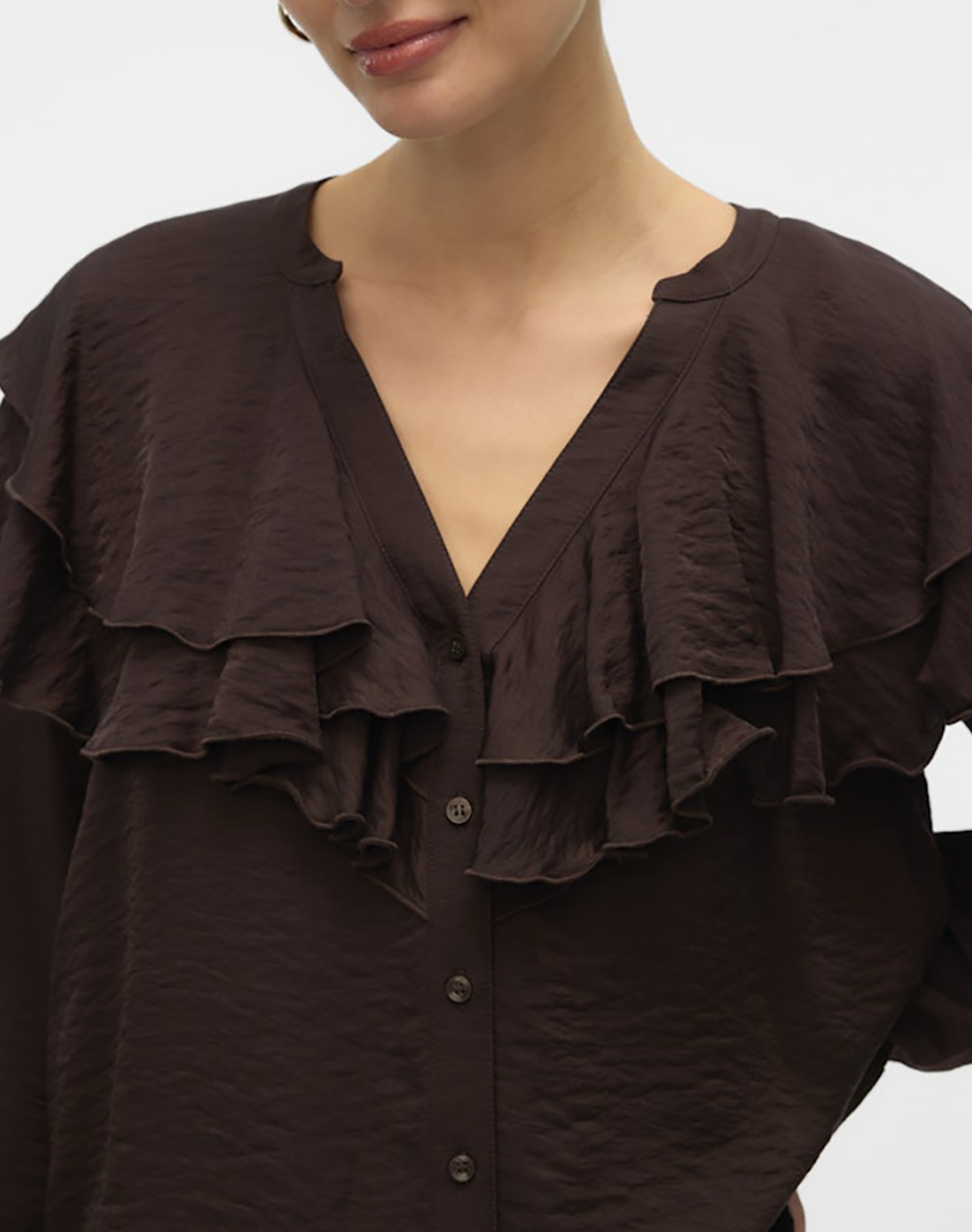 Vero Moda Vmlizzi Ls Flounce Top Wvn Ga 10335464-Chocolate Torte Darkbrown Γυναικεία ρούχα πουκάμισα Politikos Shop Πολιτικός