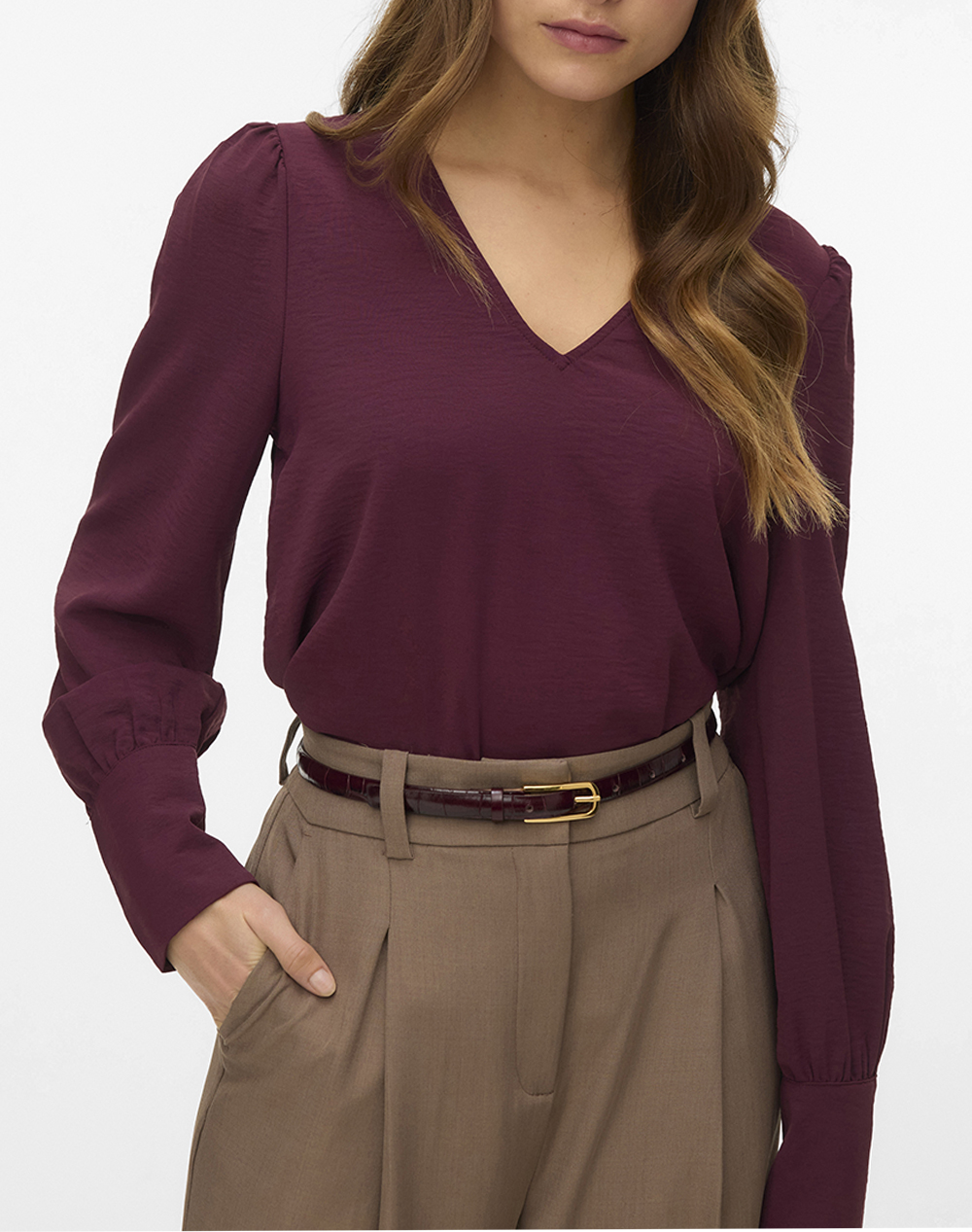 VERO MODA VMESME LS V-NECK TOP WVN GA 10338288-Winetasting Bordeux