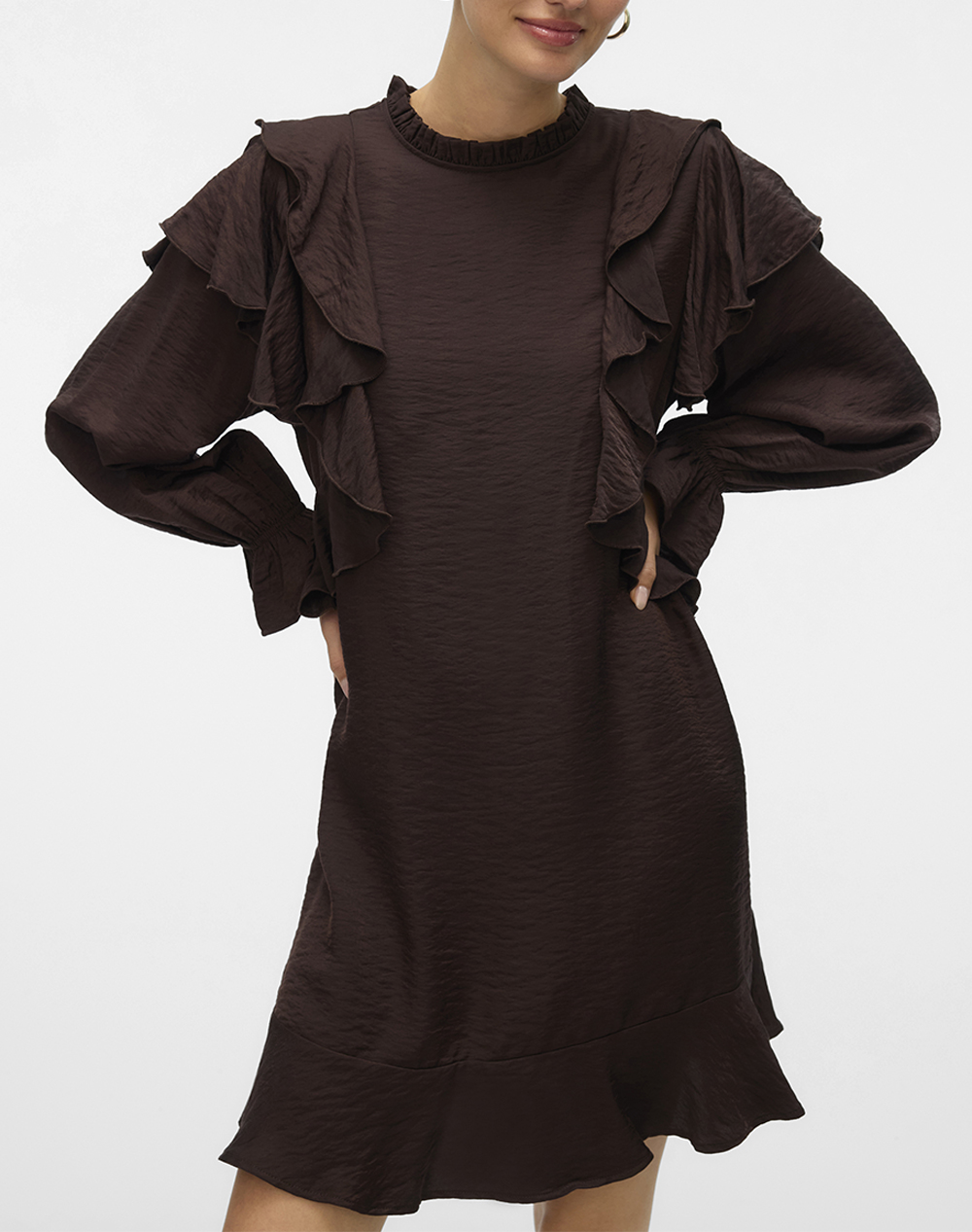 VERO MODA VMLIZZI LS SHORT FLOUNCE DRESS WVN GA 10335460-Chocolate Torte DarkBrown