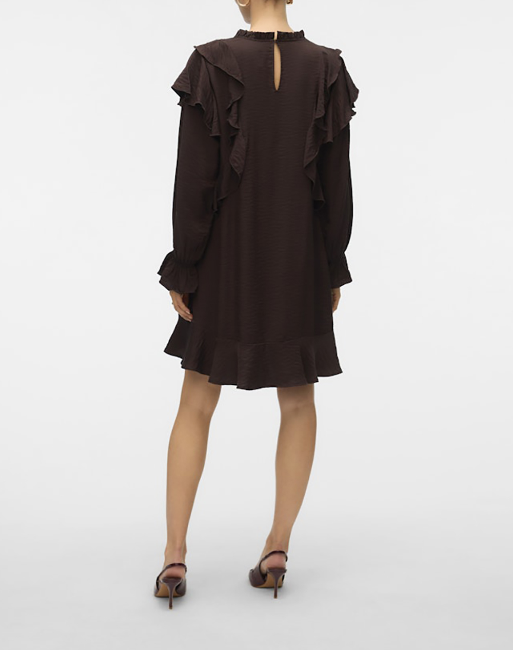 VERO MODA VERO MODA VMLIZZI LS SHORT FLOUNCE DRESS WVN GA 10335460-Chocolate Torte DarkBrown - 2