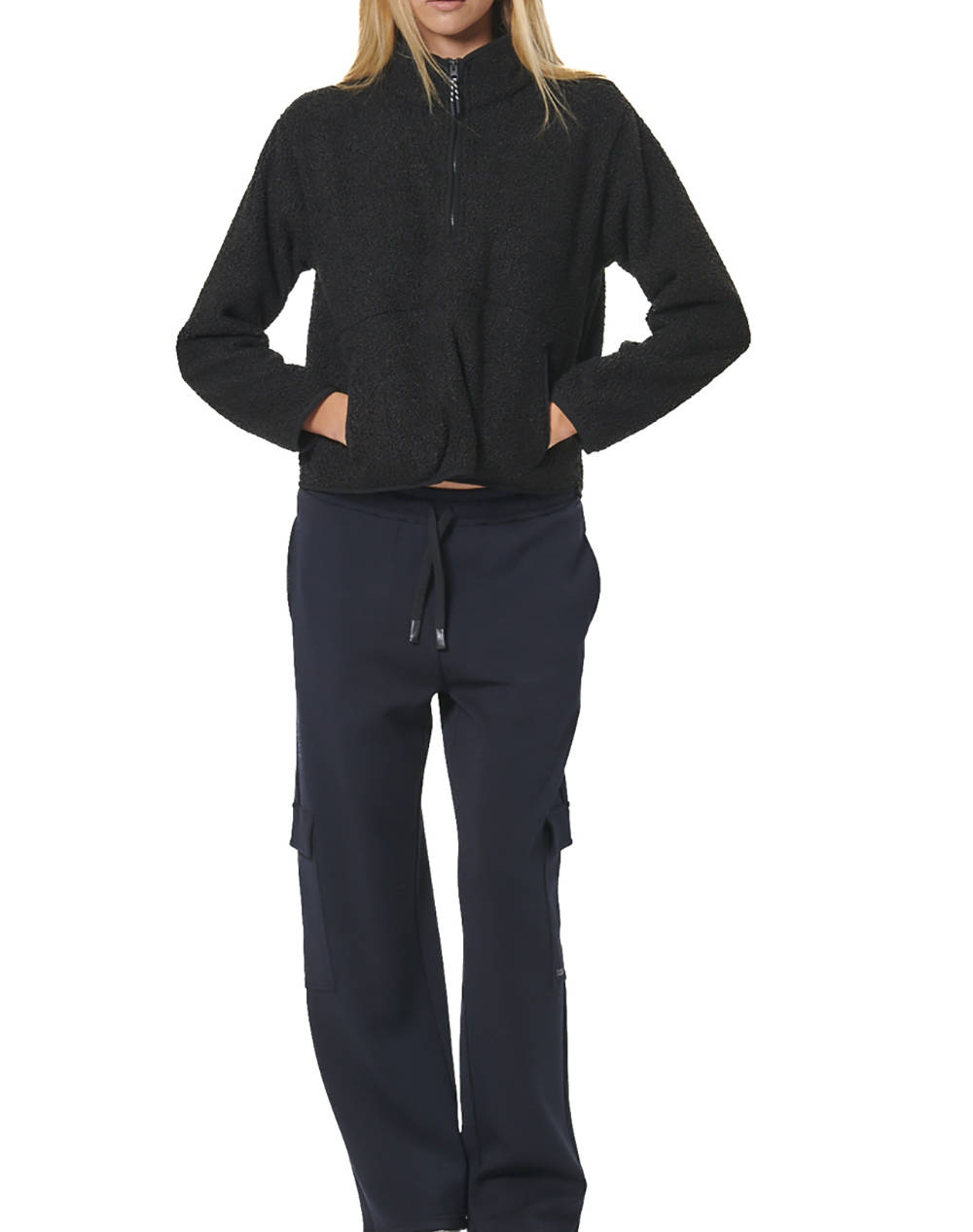 BODY ACTION WOMEN''S OVERSIZE BOUCLE-FLEECE HALF-ZIP 061529-01-BLACK Black φωτογραφία