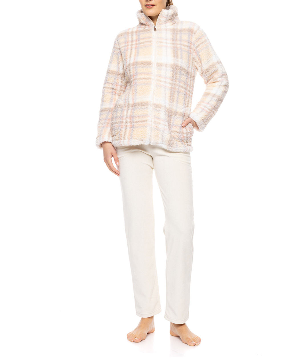 PINK LABEL ROBE ZIPPER FLEECE SOFT PLAID W1886P-TYPE Mixed
