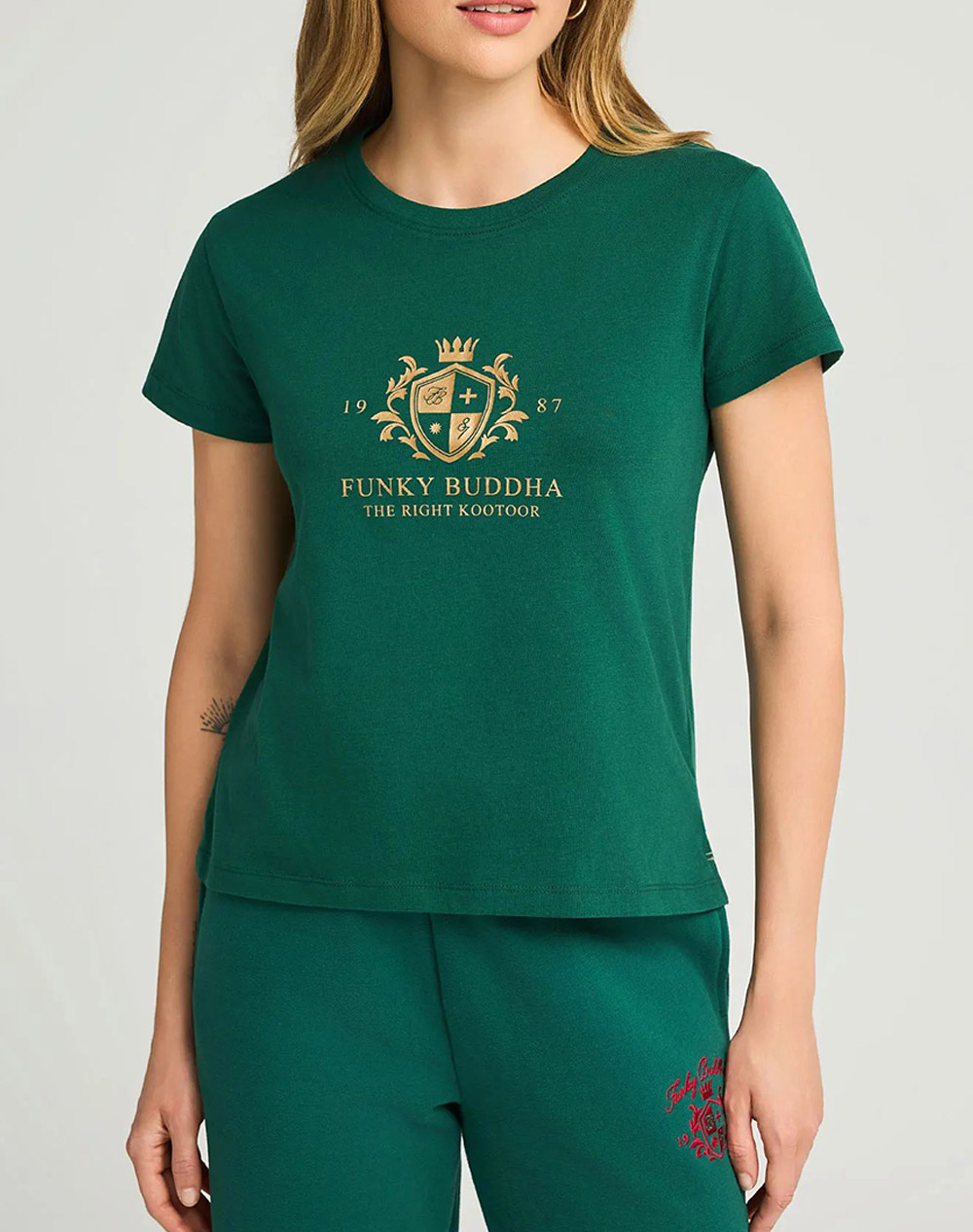 FUNKY BUDDHA Γυναικεία Μπλούζα Με Κοντό Μανίκι Και Τύπωμα FBL012-103-04-DEEP EMERALD DarkGreen