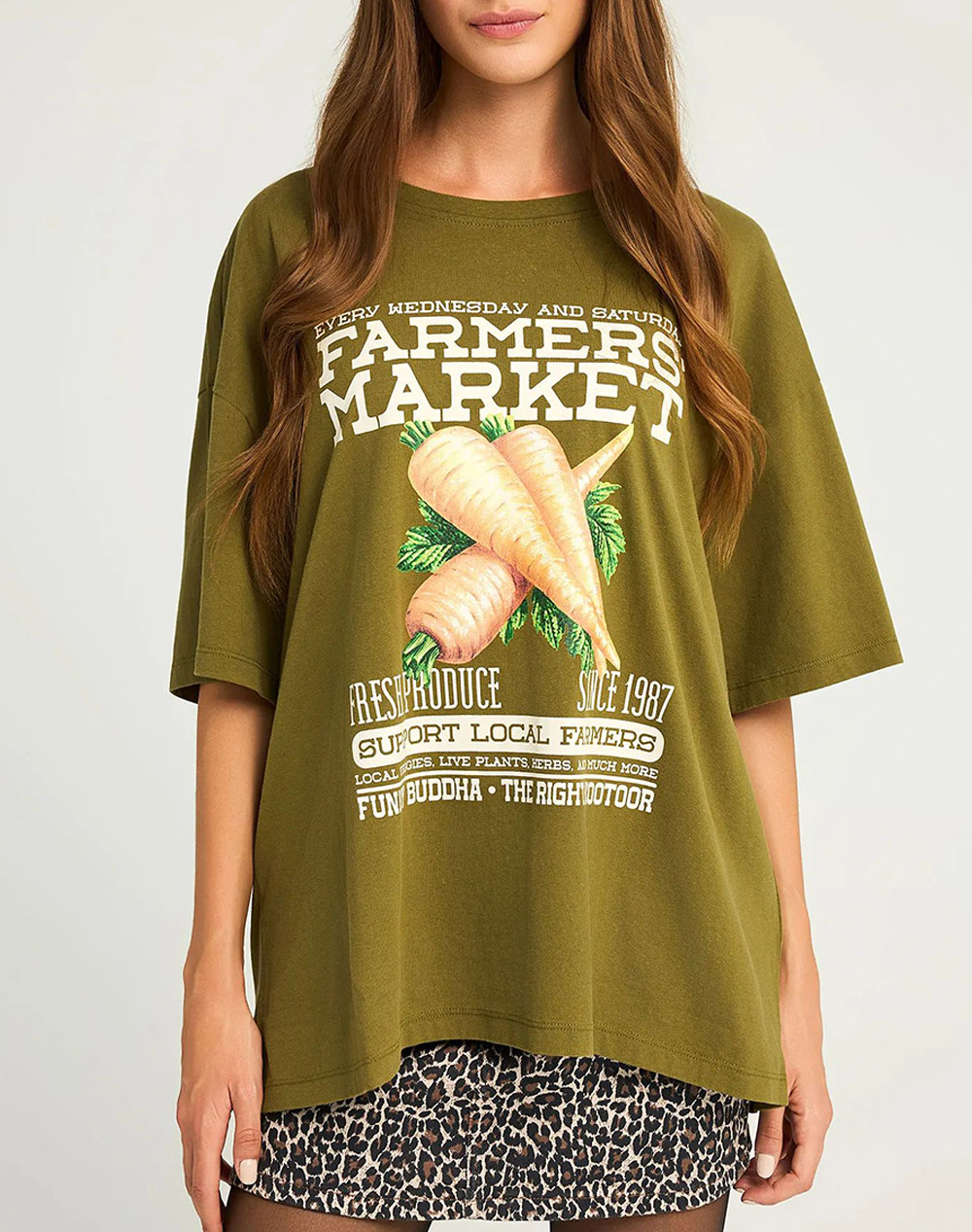 FUNKY BUDDHA Γυναικεία Μπλούζα Με Κοντό Μανίκι Και Τύπωμα FBL012-127-04-OLIVE Olive