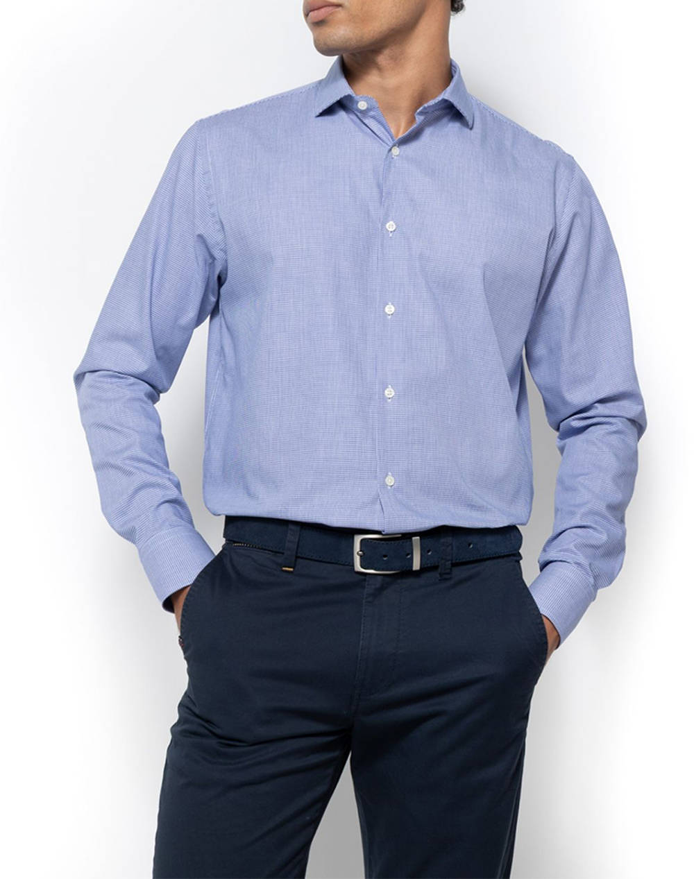 THE BOSTONIANS ΠΟΥΚΑΜΙΣΟ CHESTER TWILL CUSTOM FIT Micro Check TWILL Semi-rex Custom FIT 3ANP2423-SAX Blue