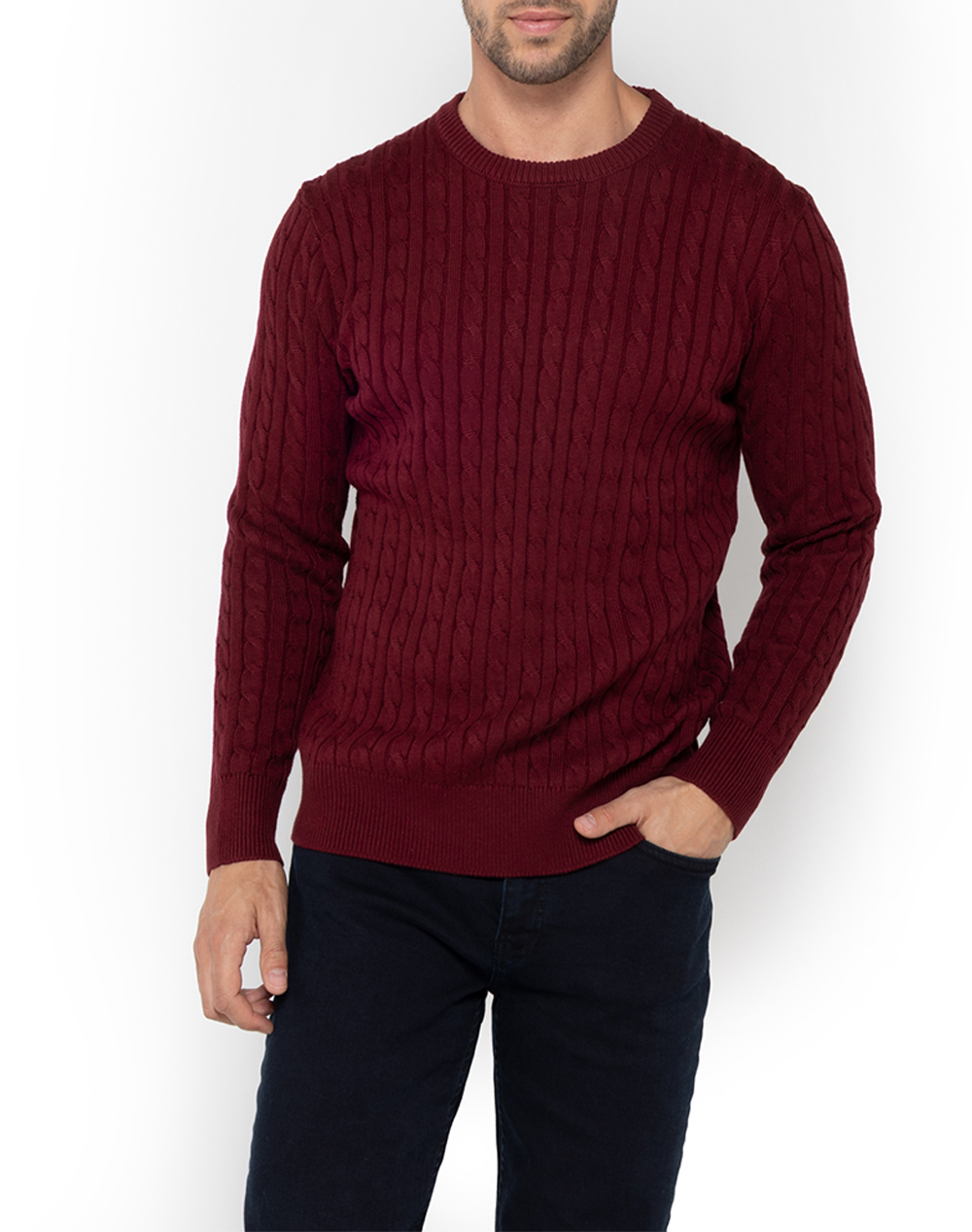 THE BOSTONIANS ΠΛΕΚΤΟ ΒΑΜΒΑΚΕΡΟ CABLE ΛΑΙΜΟΚΟΨΗ REGULAR 3MR1070-BURGUNDY Bordeux