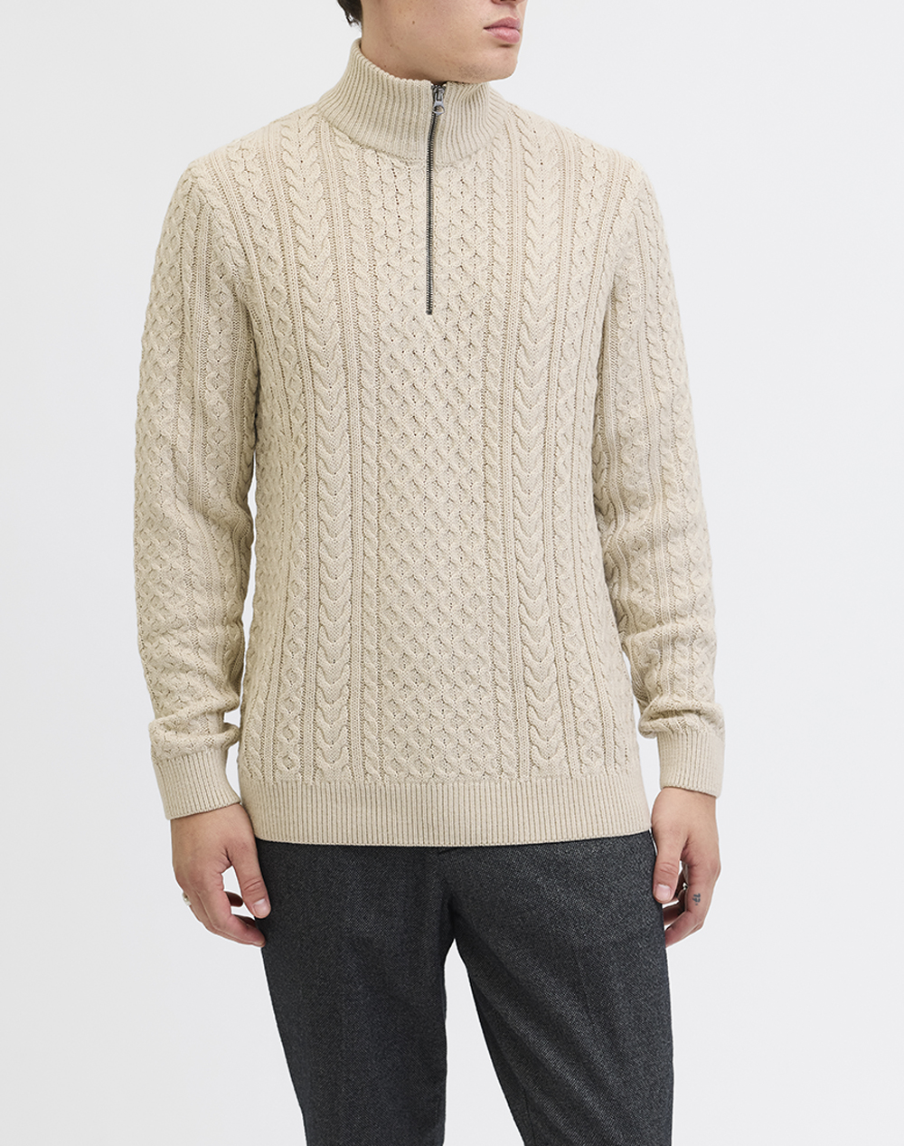 JACK&JONES JPRBLUSEAN KNIT CABLE HALF ZIP SN 12283487-Silver LiningMelange Biege