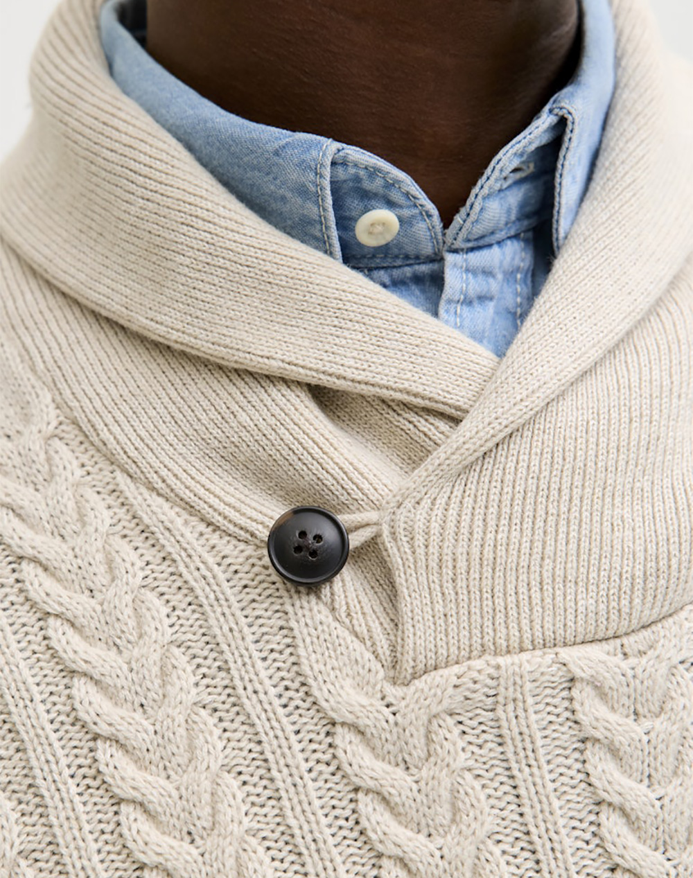 Jack Jones Jprblusean Knit Cable Shawl Neck 12283488-Silver Liningmelange Biege ανδρικά ρούχα μπλούζες Πλεκτά Politikos Shop Πολιτικός