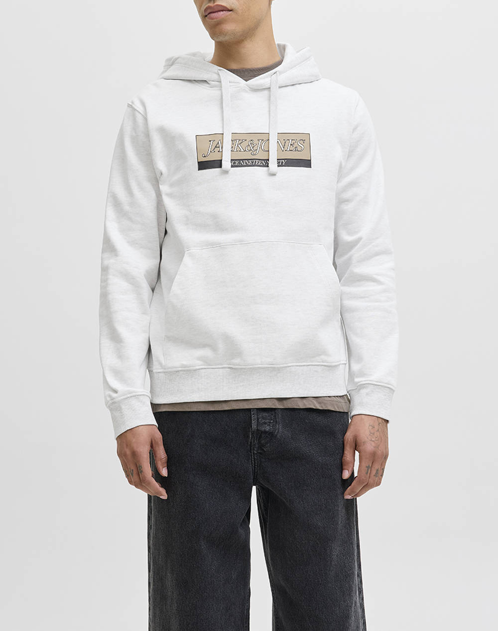 JACK&JONES JORINWOOD BLOCK BRANDING SWEAT HOOD 12283934-Bright WhiteMELANGE OffWhite