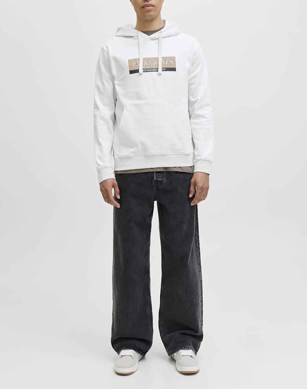 Jack Jones Jorinwood Block Branding Sweat Hood 12283934-Bright Whitemelange Offwhite ανδρικά ρούχα μπλούζες φούτερ Politikos Shop Πολιτικός