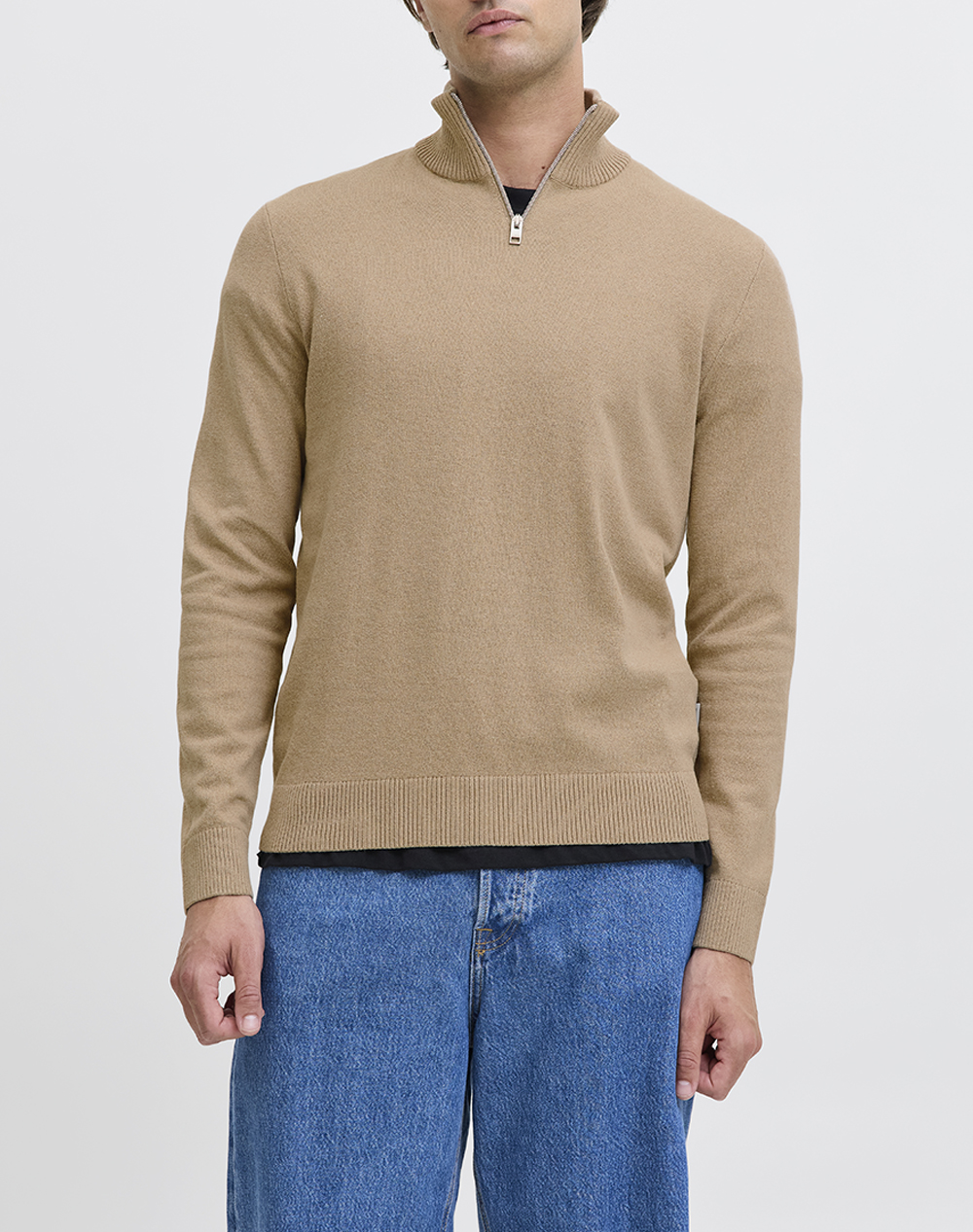 JJ REBEL JJRE JREBCALLUM KNIT HALF ZIP SN 12268358-CrockeryMelange SandyBrown