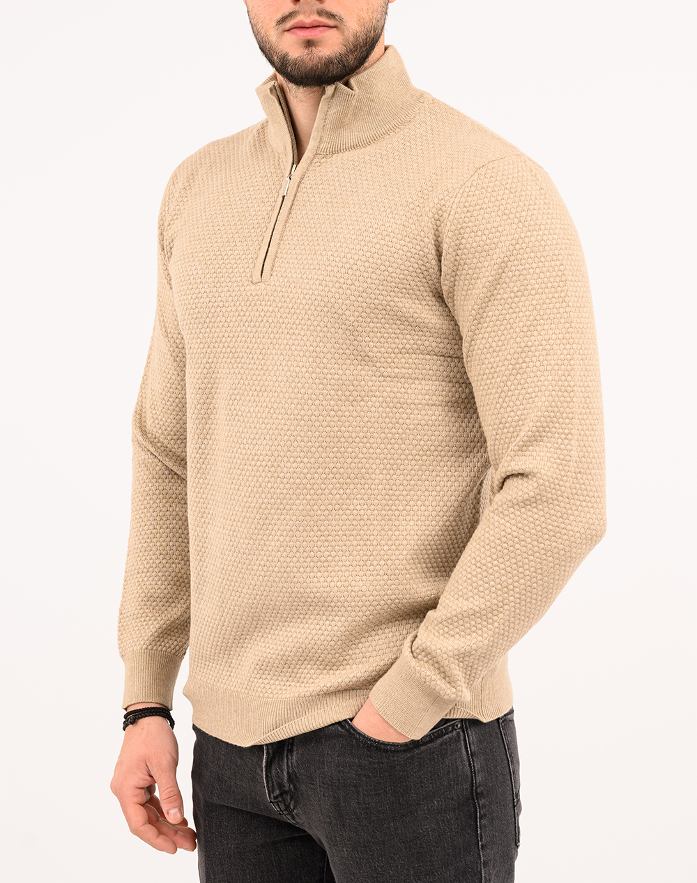 LEXTON ΠΛΕΚΤΟ 50% VISCOSE 28% NYLON 22% POLYESTER 17.36.NEST HALF ZIP-BEIGE Biege