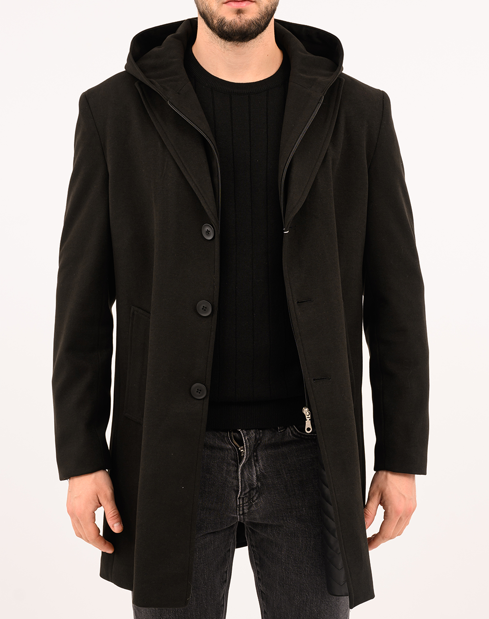 LEXTON LEXTON ΗΜΙΠΑΛΤΟ ΜΕ ΜΟΣΤΡΑ & ΚΟΥΚΟΥΛΑ 02.36.TOM OVERCOAT-BLACK Black