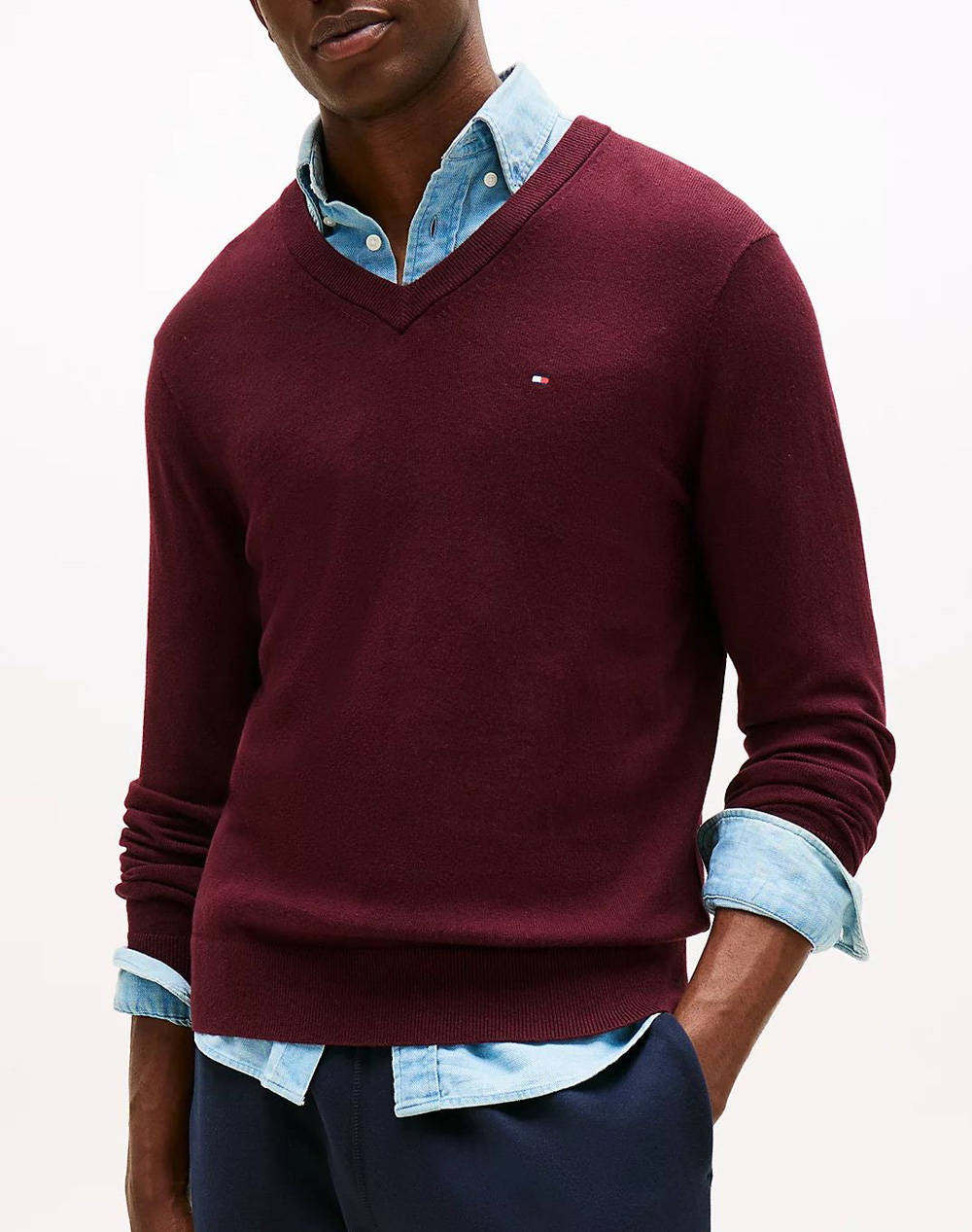 TOMMY HILFIGER PIMA ORG CTN CASHMERE V NECK MW0MW28047-XIH Bordeux