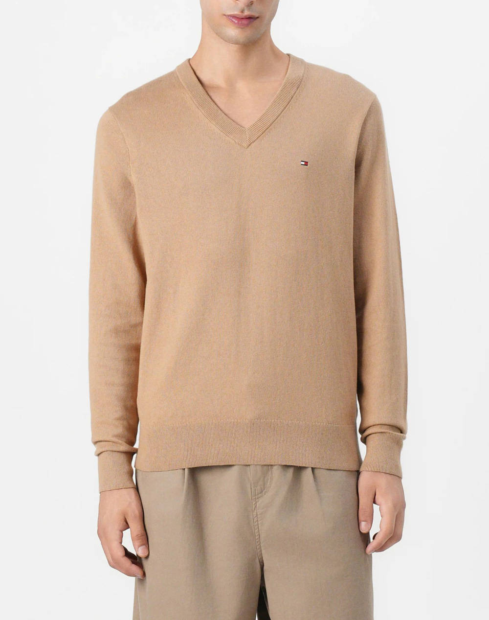 TOMMY HILFIGER PIMA ORG CTN CASHMERE V NECK MW0MW28047-GV7 Camel