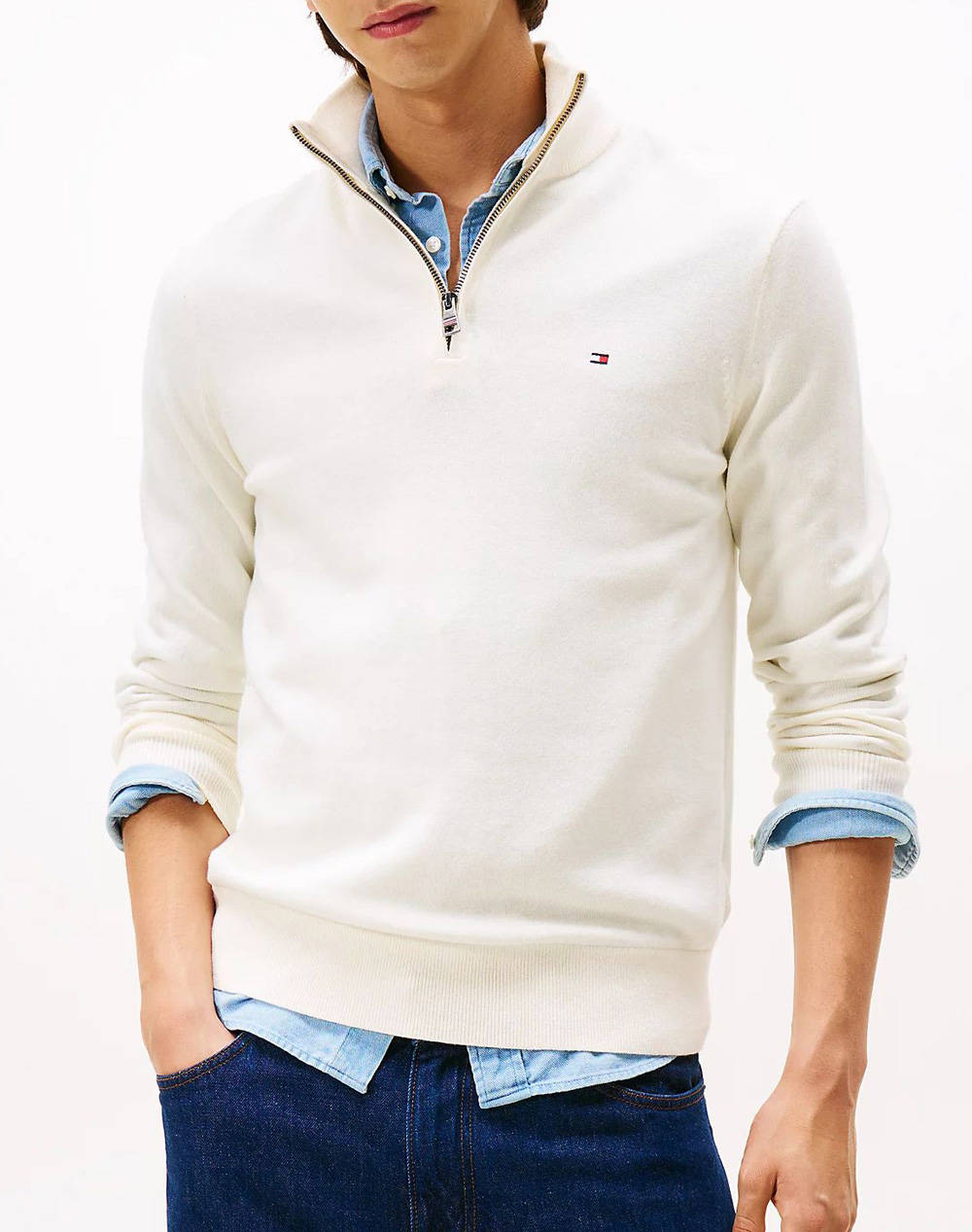 TOMMY HILFIGER PIMA ORG CTN CASHMERE ZIP MOCK MW0MW28049-Z00 OffWhite